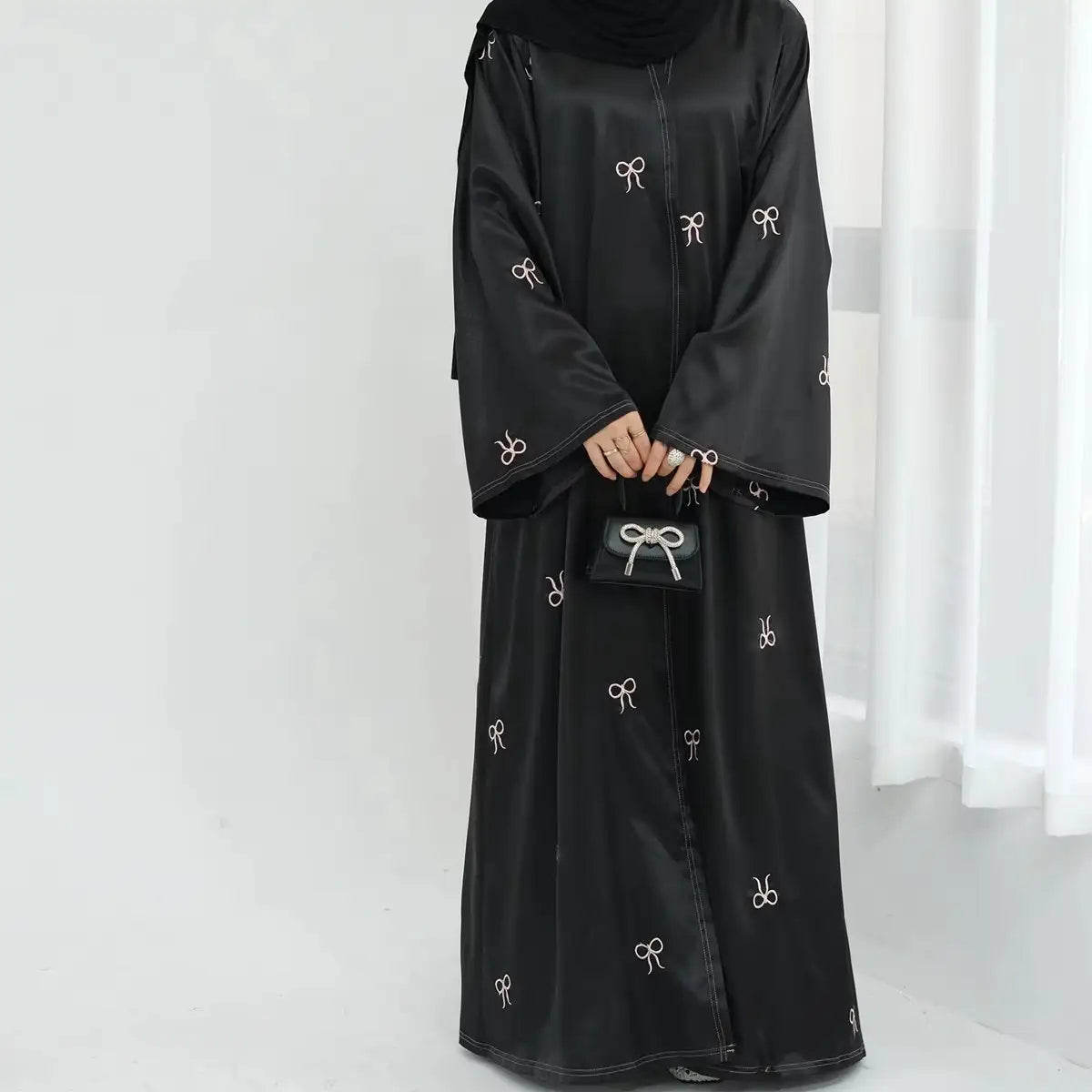 Elegant Open Abaya Dress with Bow Embroidery - Satin Cardigan for Women in Gray, Coffee & Black | Perfect for Prayer, Modest Fashion & Special Occasions