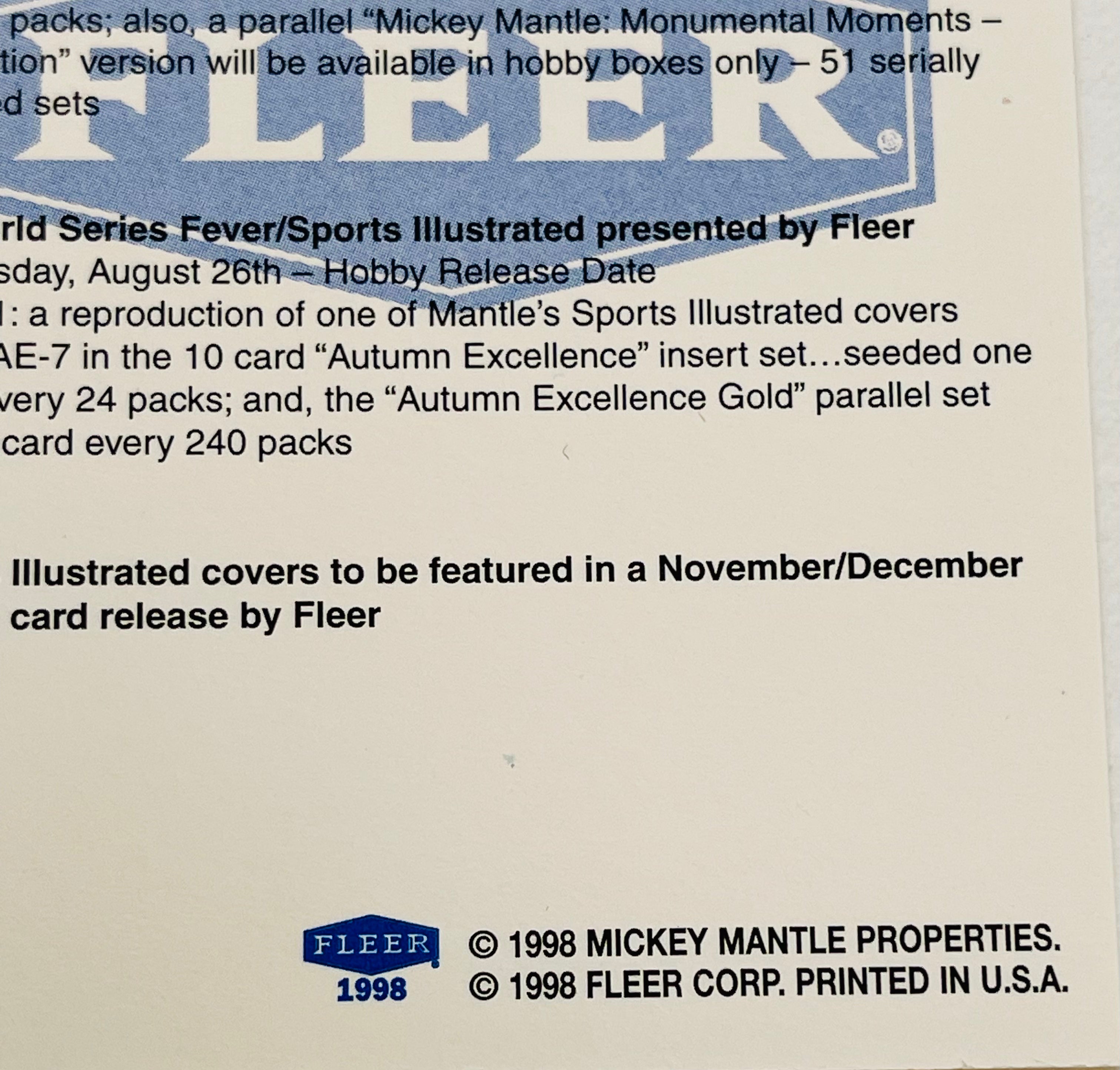 1998 Mickey Mantle Fleer Baseball Card Promo - Rare Collectible for Sports Memorabilia & Trading Card Enthusiasts - Perfect for Display, Investment, or Gifting