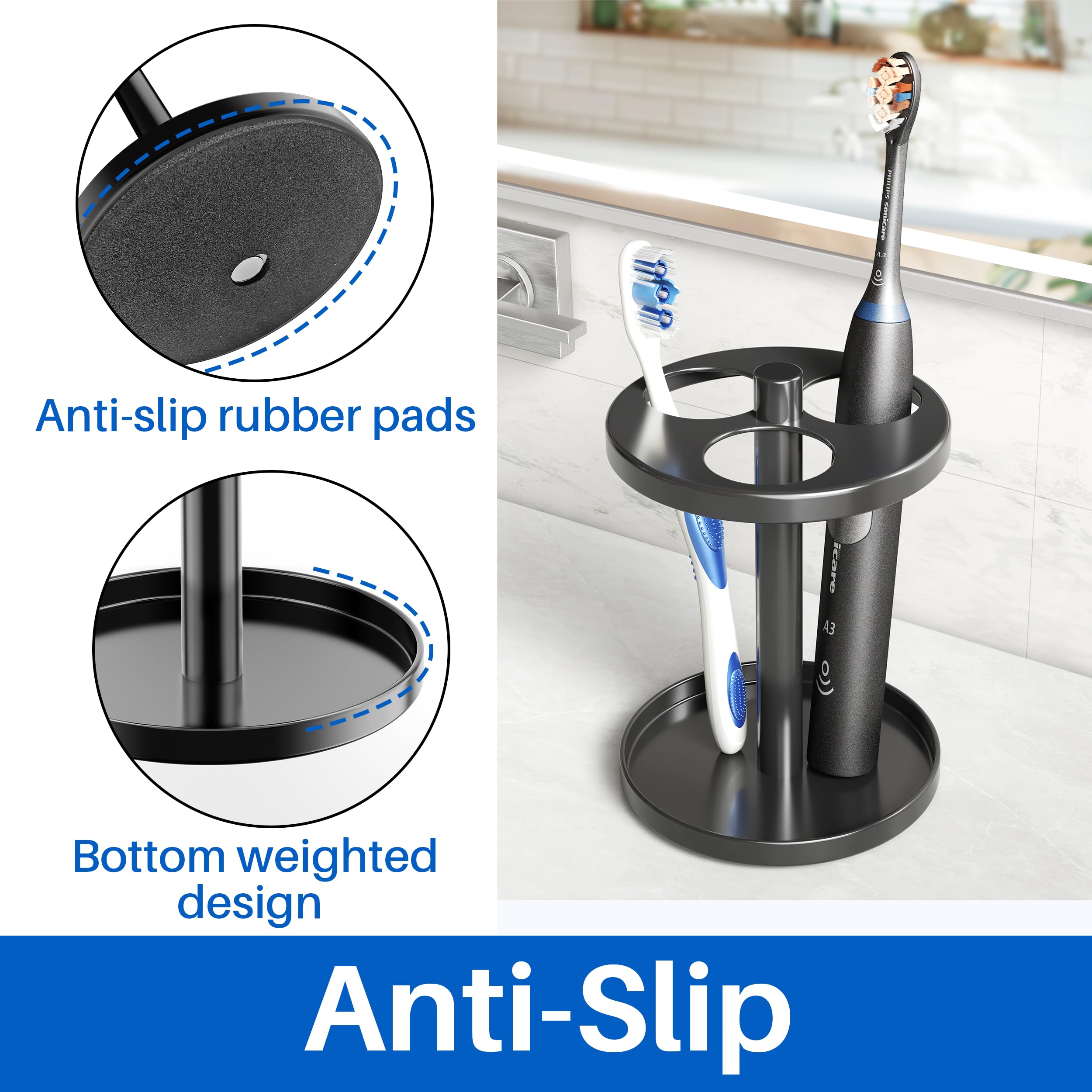Stainless Steel Electric Toothbrush Holder - Ventilated Bathroom Organizer with Separate Slots for Toothbrushes & Razors, Wall Mount or Countertop Storage, Black | Perfect for Modern Bathrooms & Travel Essentials Organization