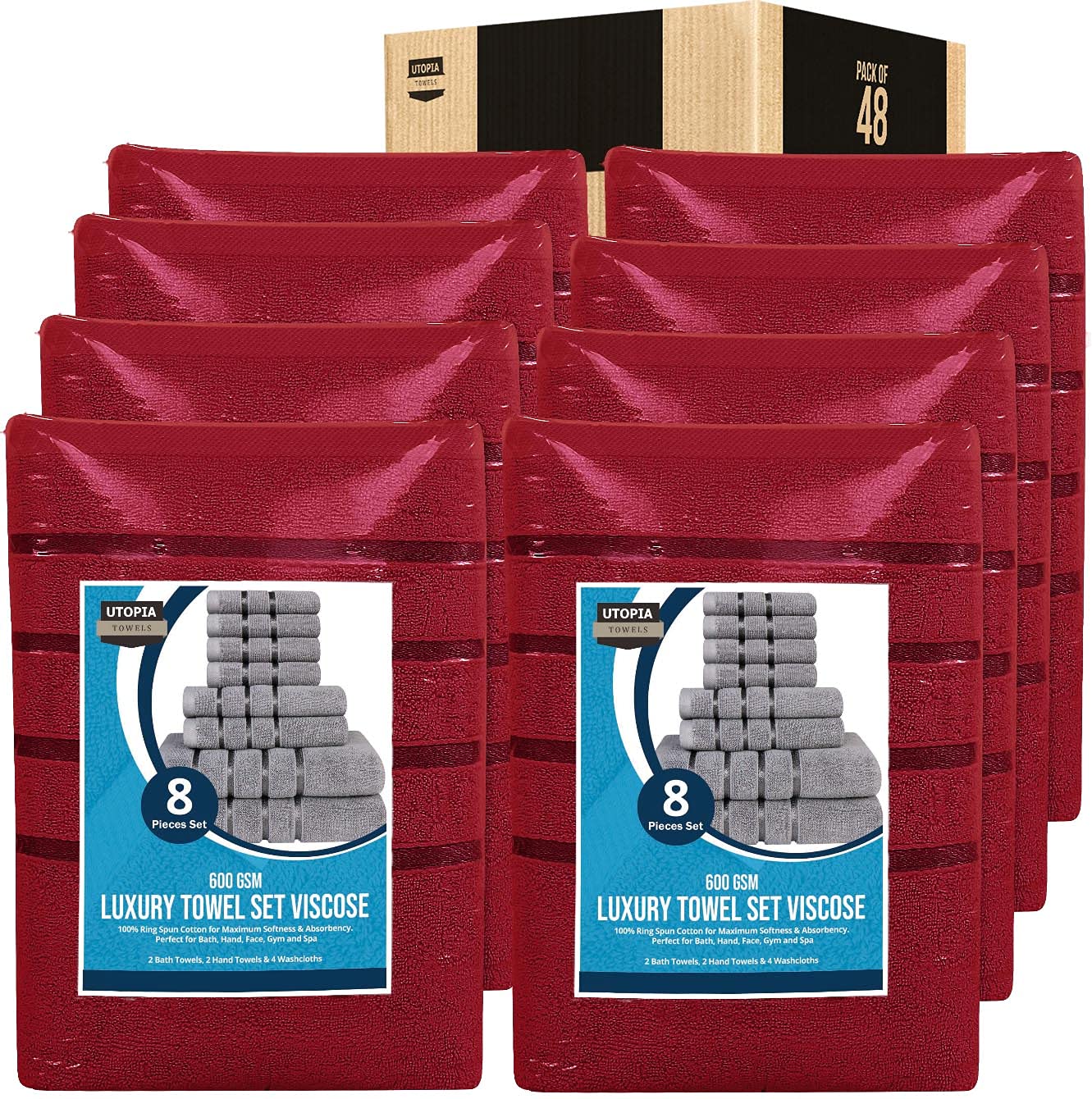 Utopia Towels Luxury Bath Linen Set - 600 GSM Ring Spun Cotton Viscose Stripe Towels - Super Absorbent Soft Bath & Beach Towels - Pack of 48 (Burgundy) - Perfect for Spa, Hotel & Home Use