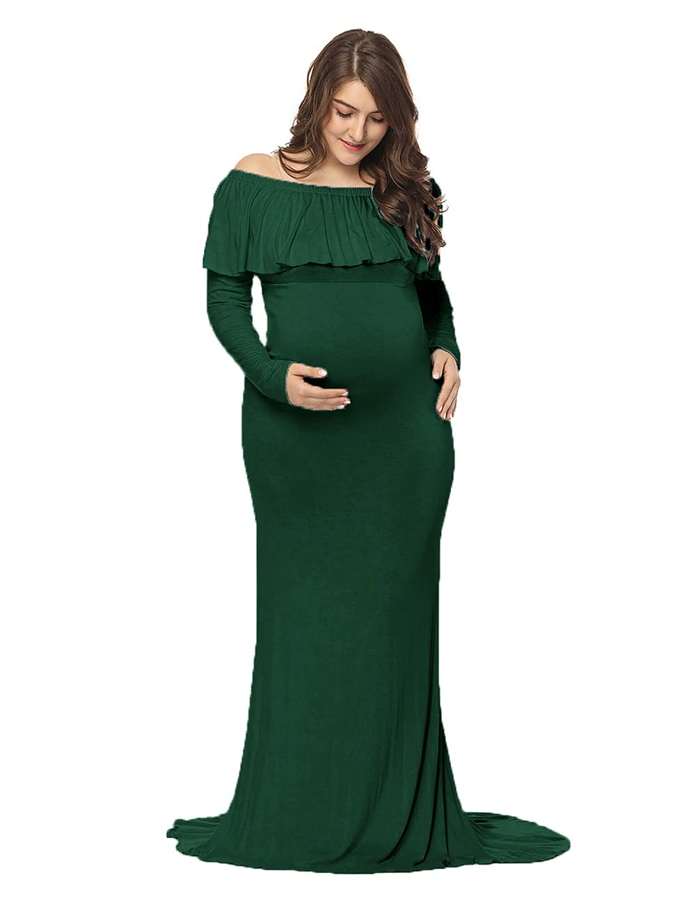 Elegant Maternity Gown - Off Shoulder Long Sleeve Ruffled Maxi Dress for Pregnancy Photoshoot | Slim Fitted Photo Shoot Dress for Baby Shower, Maternity Portraits & Special Occasions