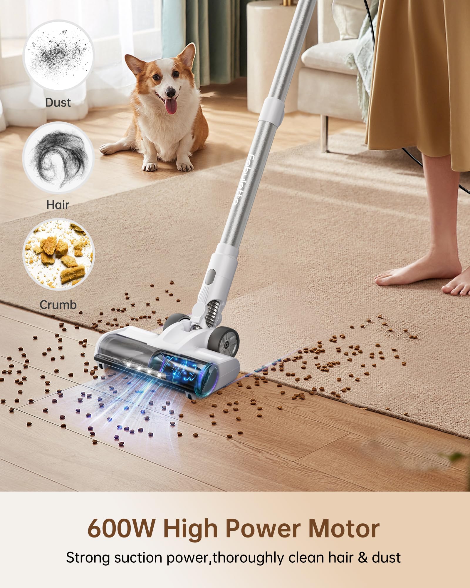 FABULETTA 23Ft Corded Stick Vacuum Cleaner - 600W Powerful Lightweight Vacuum with Telescopic Alloy Tube, 6-in-1 Convertible Handheld Vacuum for Pet Hair, Hard Floors & Car Cleaning - Grey | Ideal for Home, Office & Car Interior Cleaning