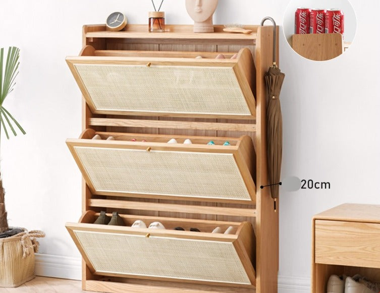 Oak Solid Wood Ultra Thin Flap Door Rattan Shoe Cabinet - Space Saving Entryway Storage Organizer for Hallway, Closet & Mudroom
