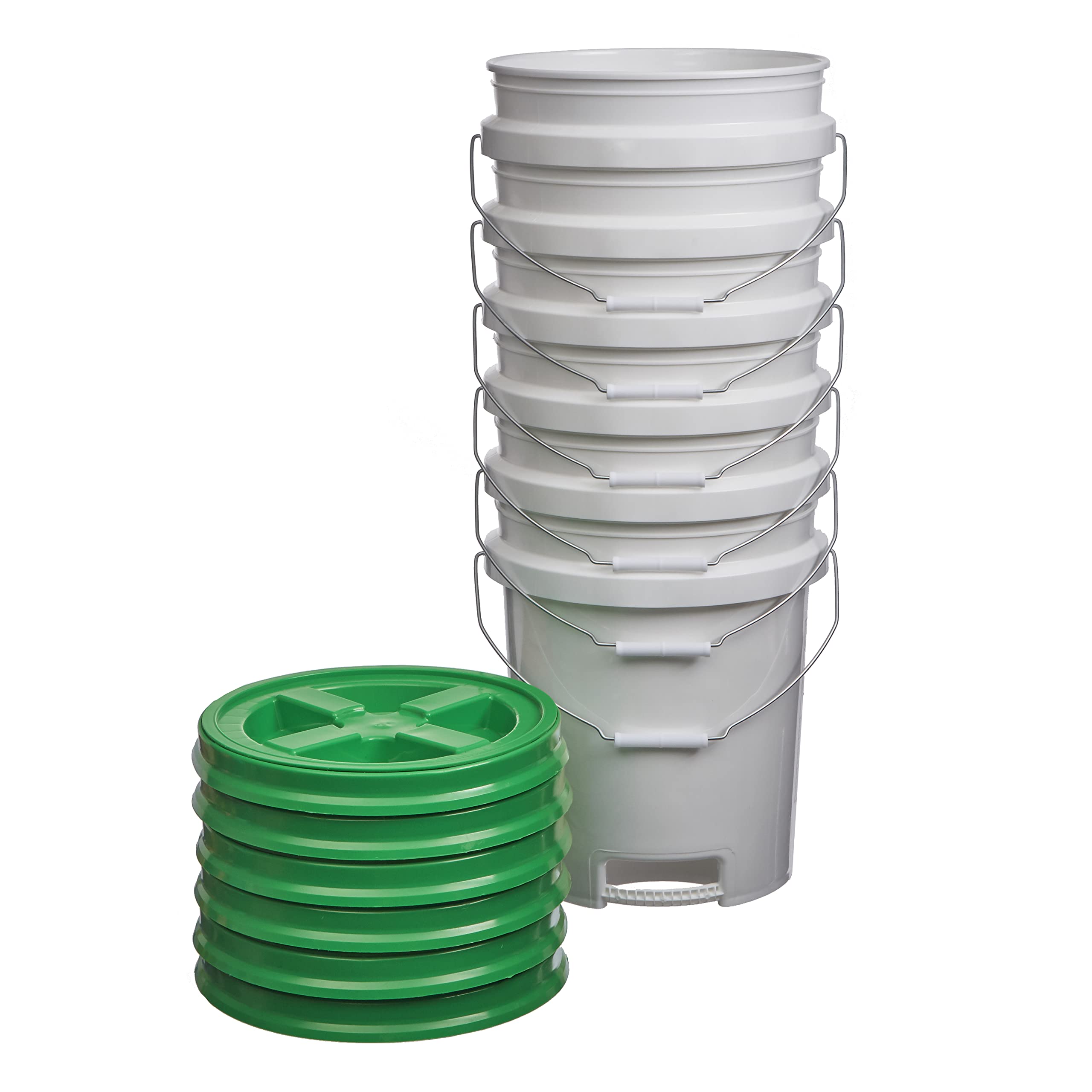 5 Gallon White Food Grade Buckets with Handle & Gamma Seal Lids - BPA Free HDPE Storage Pails - Durable Plastic Containers for Food Storage, Home Brewing, Gardening & DIY Projects - Made in USA (6 Pack, Green Lids)