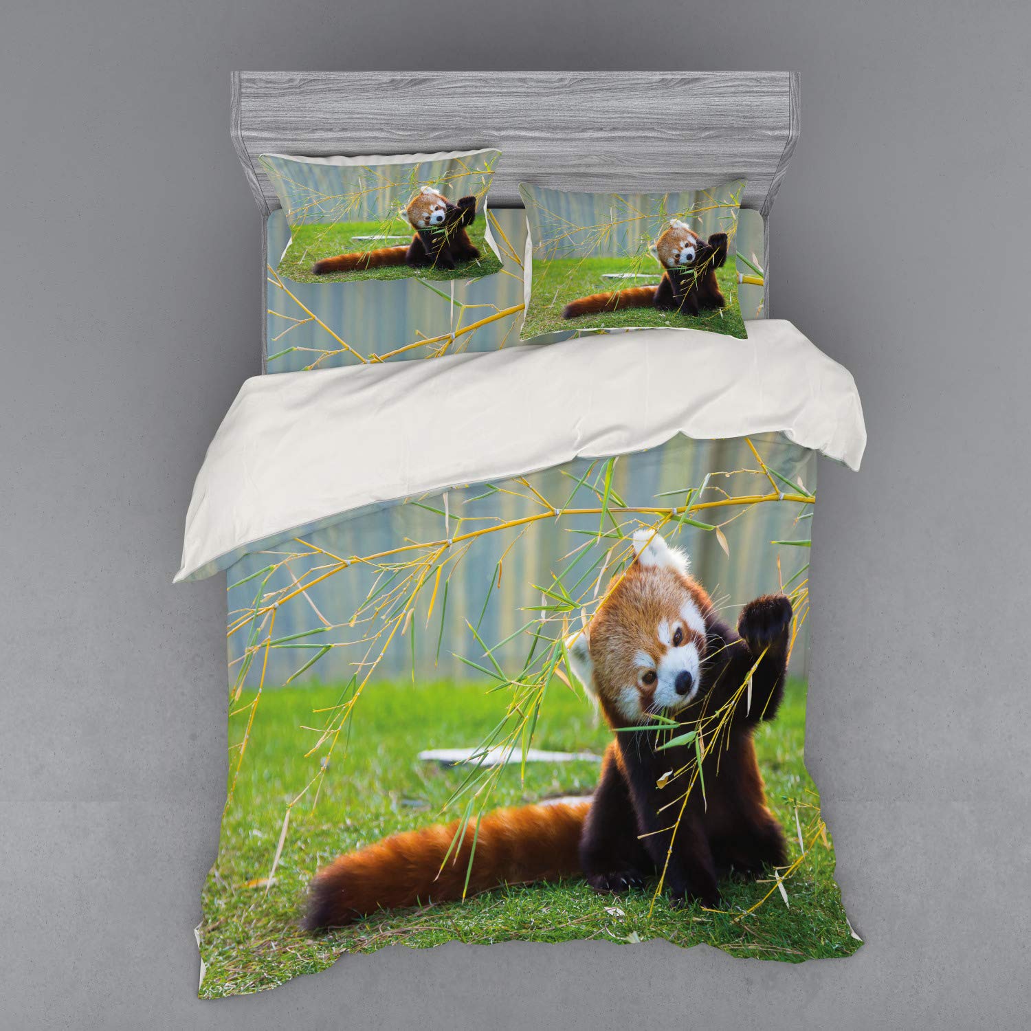 Ambesonne Panda Duvet Cover Set - Wild Animal Playing in Himalayan Meadow with Branches - 3 Piece Queen Size Bedding Set with Sham & Fitted Sheet in Brown & Red - Perfect for Kids' Rooms, Jungle Themed Decor & Cozy Bedroom Makeovers