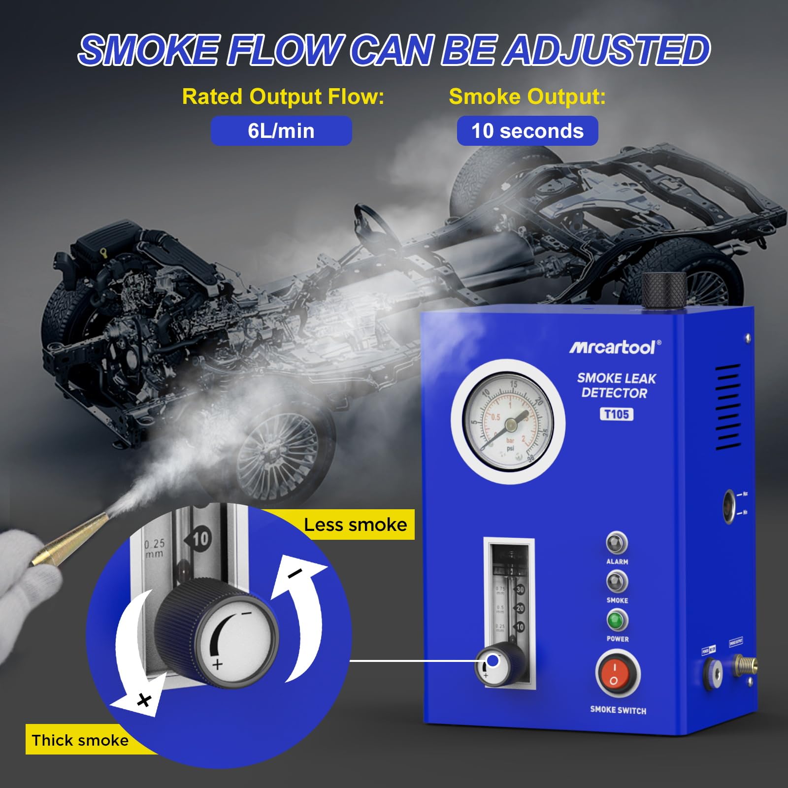 MR CARTOOL T105 Automotive Smoke Machine Leak Tester Kit - 12V DC Smoke Tester with Built-in Air Pump & Pressure Gauge - Vacuum Diagnostic Detector for Car AC System, EVAP, Fuel System & Engine Leak Detection (Ideal for Mechanics & DIY Auto Repair)