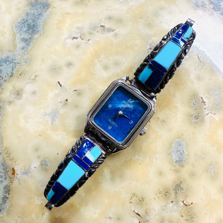 Sterling Silver Turquoise Lapis Lazuli Navajo Watch - Handmade Native American Jewelry for Women - Perfect for Casual Wear, Festivals & Boho Fashion