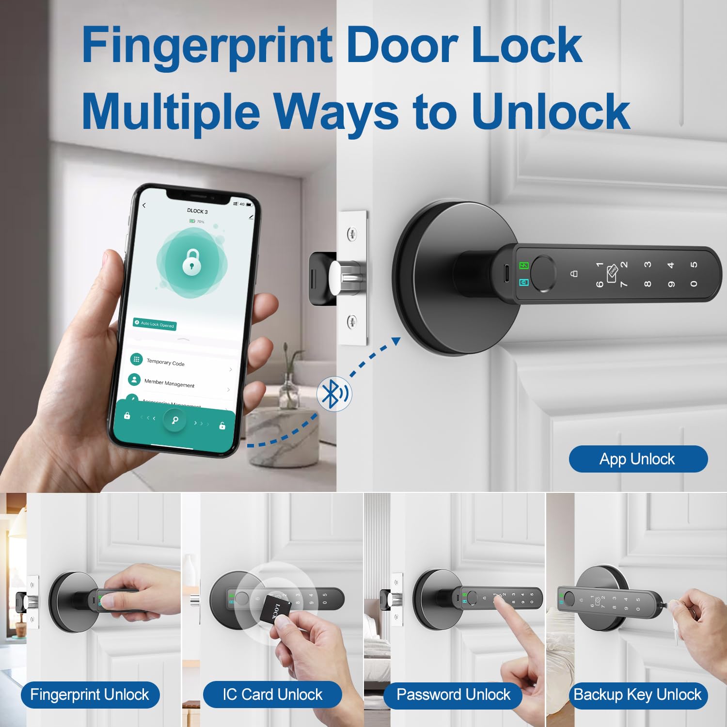 5-in-1 Smart Fingerprint Door Lock with APP Control, Keypad, IC Card & Backup Keys - Electronic Keyless Entry for Home, Office, Apartment (Black, 2 Pack) - Perfect for Secure Access to Bedrooms, Vacation Rentals & Smart Homes