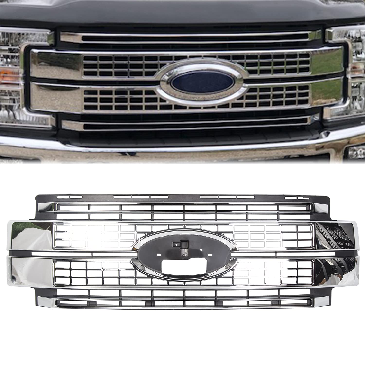 HECASA Chrome Front Bumper Grille Compatible with 2017-2019 Ford Super Duty F250 F350 F450 | Heavy Duty Truck Accessory for Off-Road & Customization