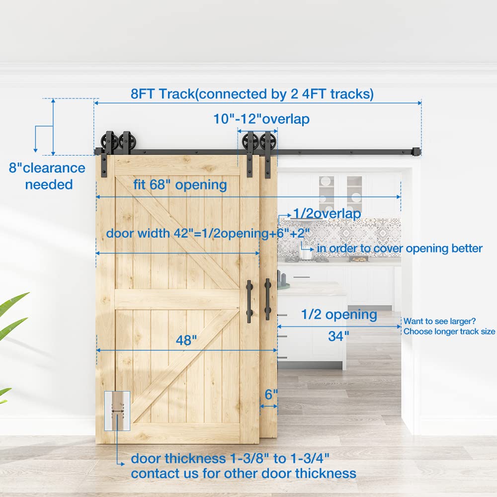 WINSOON 5FT to 10FT Adjustable Bypass Sliding Barn Door Hardware Kit - Heavy Duty Single Track System for Double Doors with Big Spoke Wheels - Low Ceiling Design for Bedroom, Closet, or Farmhouse Style Interior