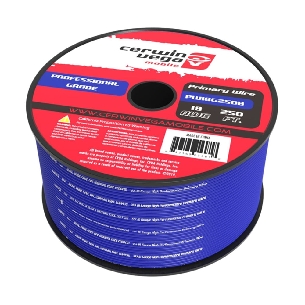 Cerwin Vega PW18G250B 18 Gauge Frost Blue Primary Wire - Durable Automotive & Marine Electrical Wiring for Car Audio, Boat, and RV Applications