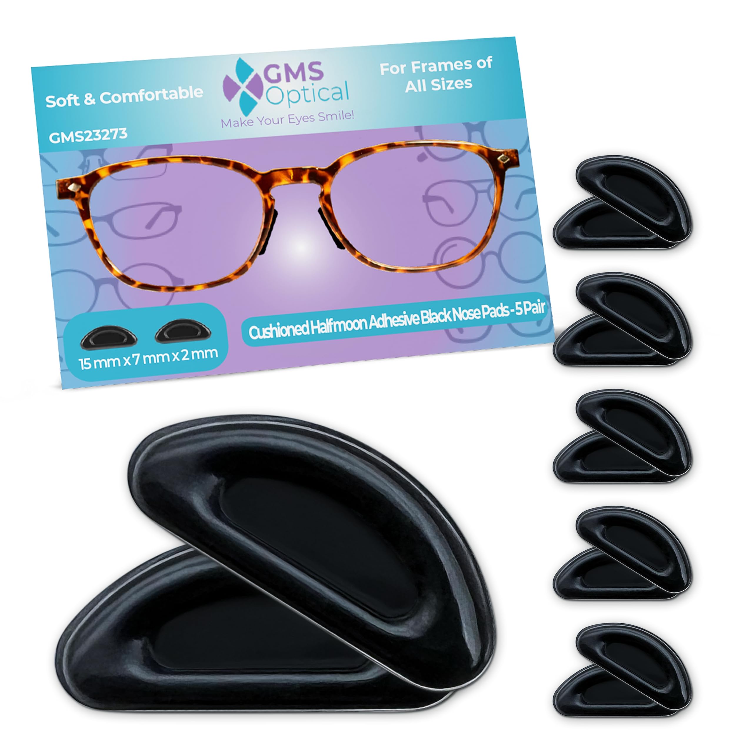 GMS Optical Medium-Thick (2mm) Medium-Length (15mm) Air Cushion Adhesive Nose Pads for Glasses - Anti-Slip, Reduce Pressure & Soreness - Fits Eyeglasses, Sunglasses & Reading Glasses (5 Pairs, Black) - Perfect for All-Day Comfort at Work, Driving & Outdoor Activities