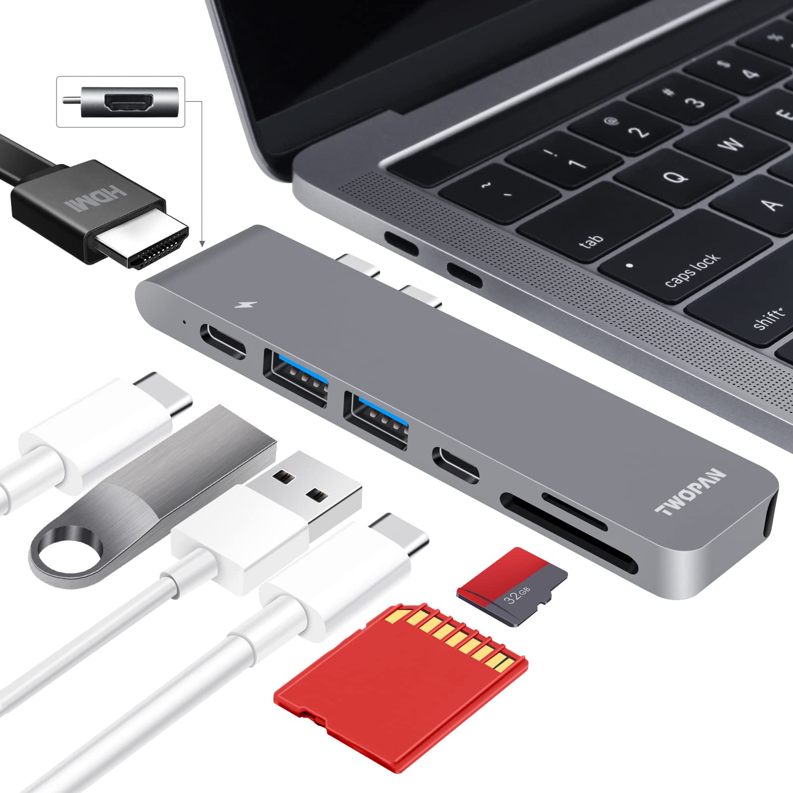 7-in-1 USB C Hub for MacBook Pro/Air - 4K HDMI Multiport Adapter with Thunderbolt 3 PD, 3 USB 3.0 Ports & SD/TF Card Reader - Compatible with MacBook 2018-2022 - Perfect for Work, Travel & Home Office Connectivity