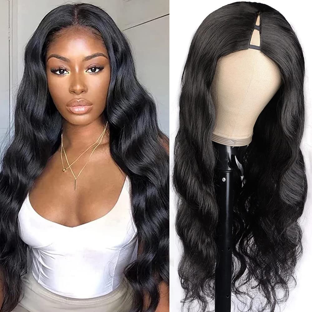 Xagujpo V Part Wig Human Hair Body Wave for Black Women - 100% Remy Human Hair No Sew In No Glue U Part Wig 180% Density Natural Color (26 Inch) - Perfect for Daily Wear, Parties & Special Occasions