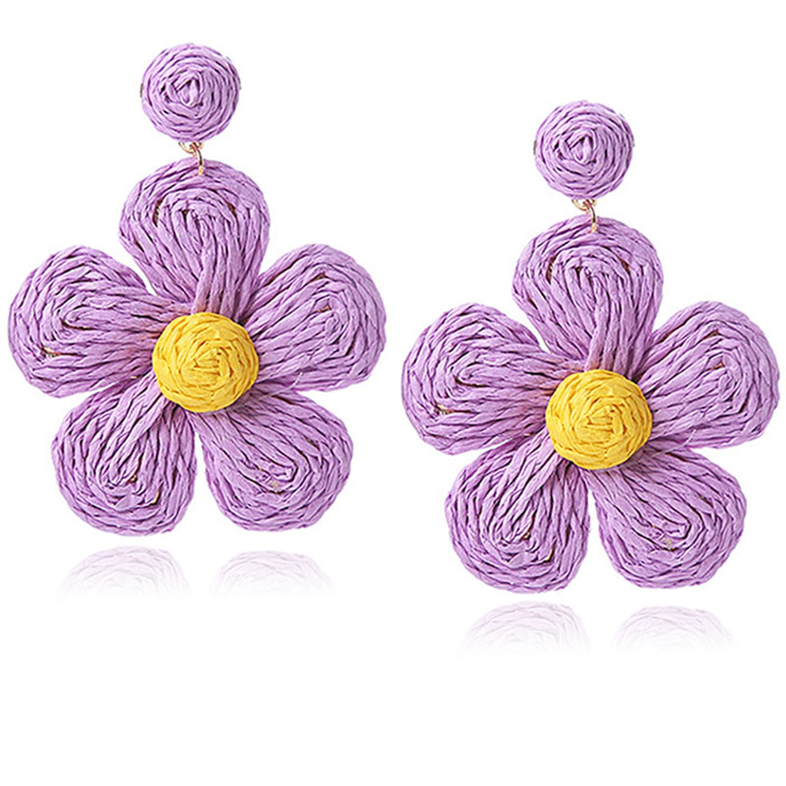 Handmade Bohemian Rattan Flower Dangle Earrings for Women - Colorful Daisy Straw Wrapped Earrings | Summer Beach Holiday Fashion Accessories | Perfect for Music Festivals, Vacations & Boho Chic Outfits