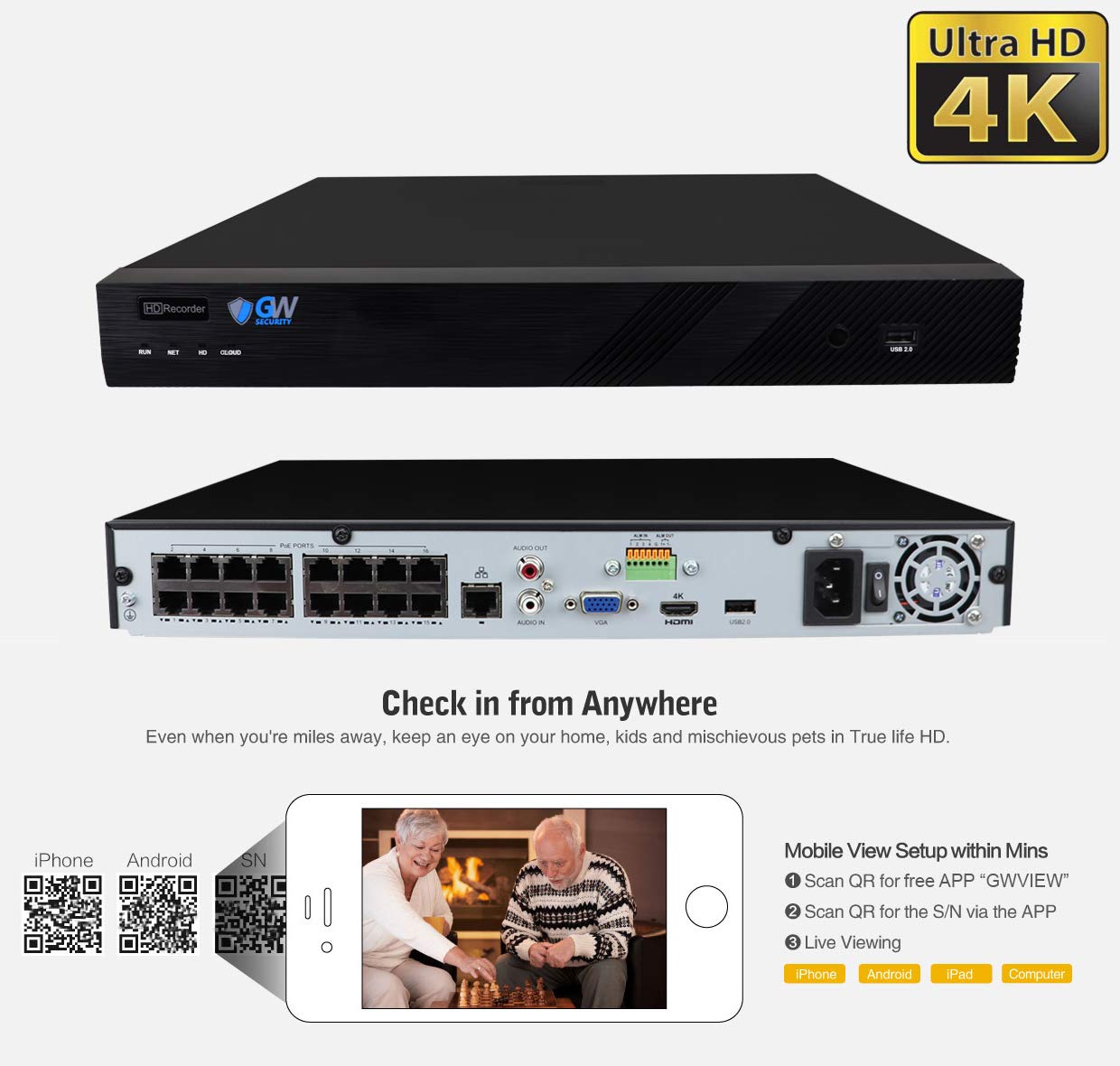 GW Security 16 Channel 4K NVR 5MP POE AI Security Camera System with 12 Weatherproof Bullet Cameras - Built-in Microphone, Pre-Installed 4TB HDD for Home & Business Surveillance (Indoor/Outdoor Use)