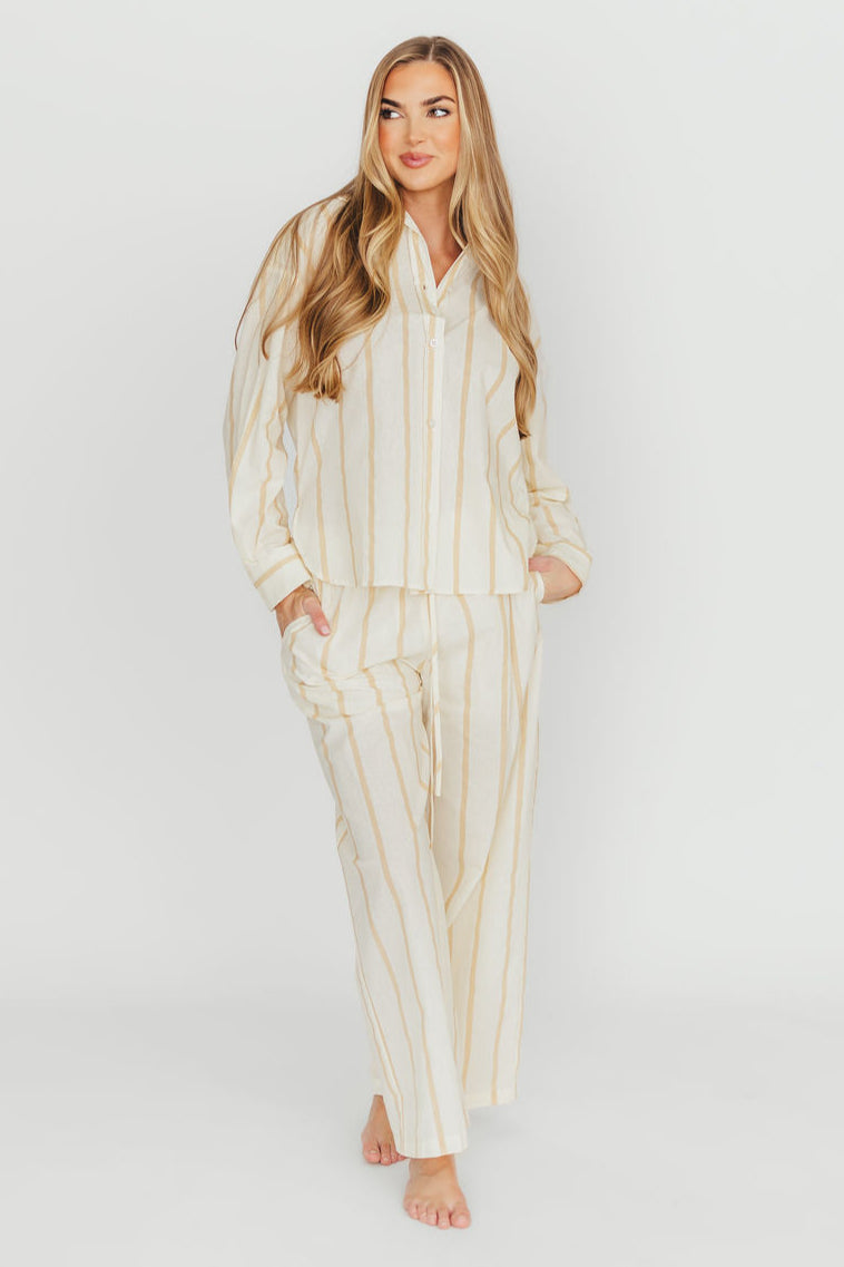 Sicily Button Down Nursing Top in Beige Stripe - Comfortable Maternity Shirt for Breastfeeding Moms | Perfect for Work, Casual Outings & Mother-Baby Bonding Time