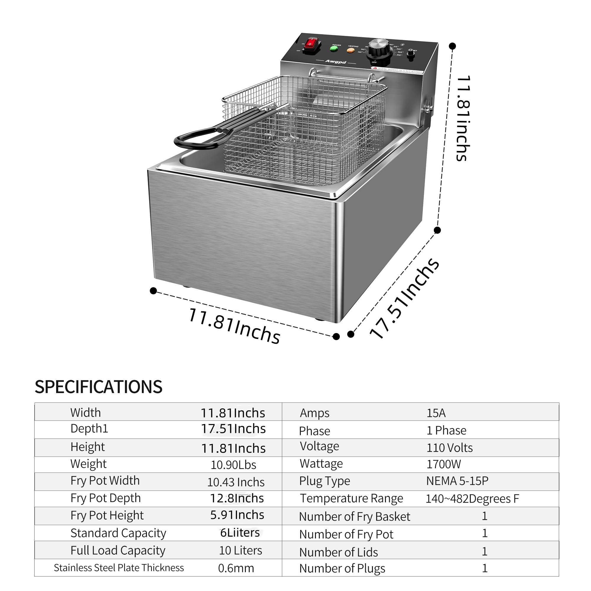 Commercial Electric Deep Fryer 10L (10.5QT) Stainless Steel Single Tank with Basket - 1700W Countertop Deep Fryer for Restaurant & Home Use - Perfect for Frying Chicken, Fish, Fries & Donuts