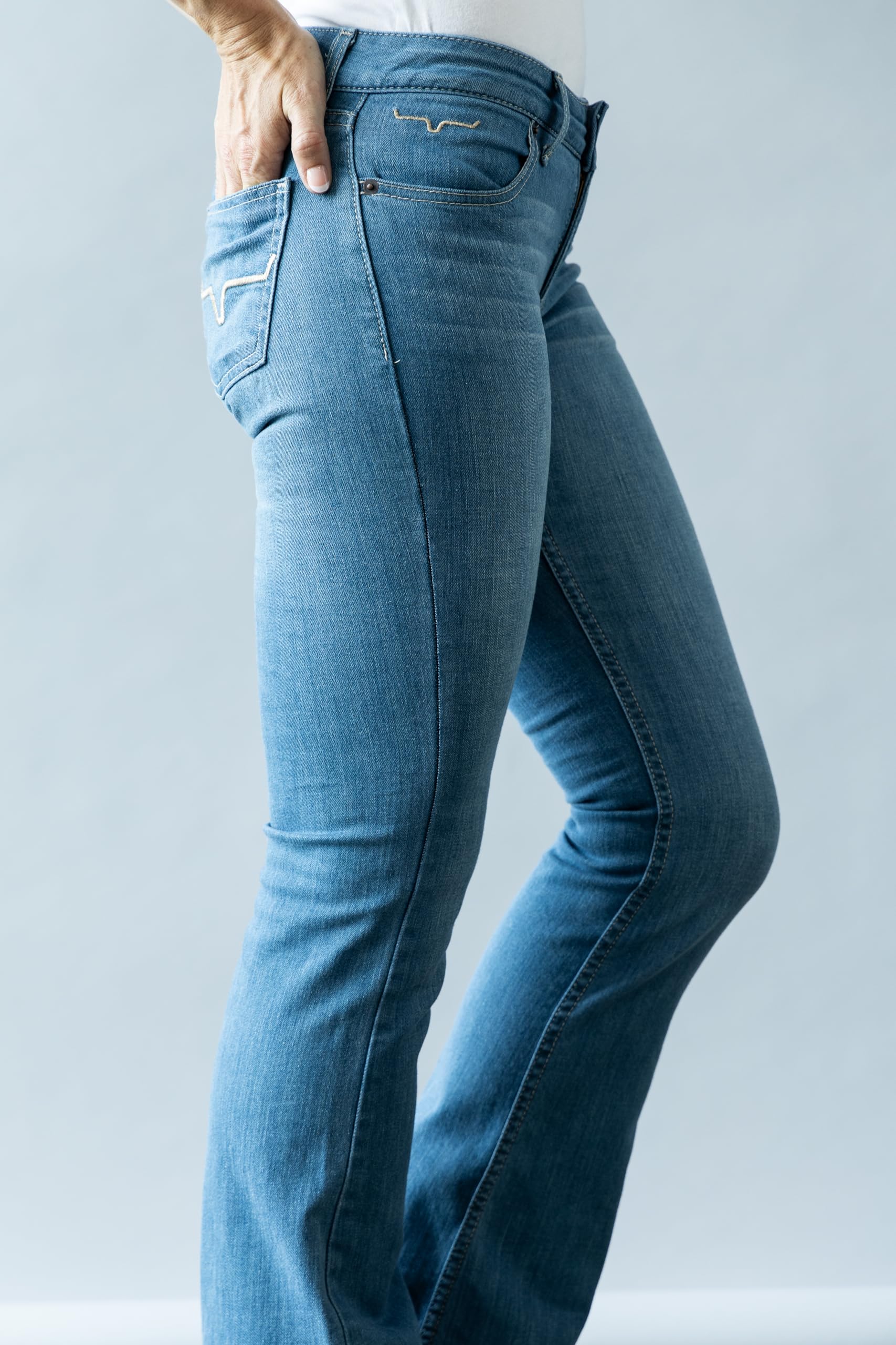 Kimes Ranch Women's Lola Soho Fade Western Jeans - Mid-Rise Wide Flare Leg Light Wash Tri-Blend Denim Blue Jeans for Cowgirl Style & Casual Outfits