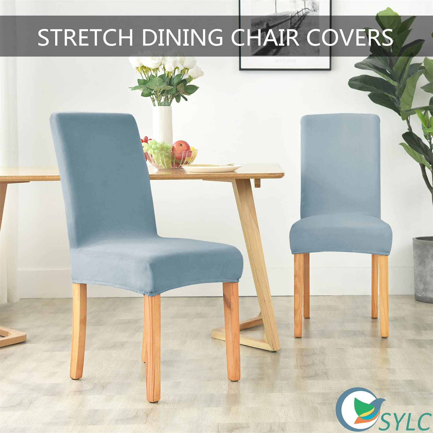 Stretch Velvet Dining Chair Covers - Soft Plush High Back Slipcovers, Removable & Washable Chair Protectors for Dining Room, Kitchen, Hotel, Wedding - Light Blue (Set of 6) | Perfect for Home Decor, Restaurant Seating & Event Furniture Protection