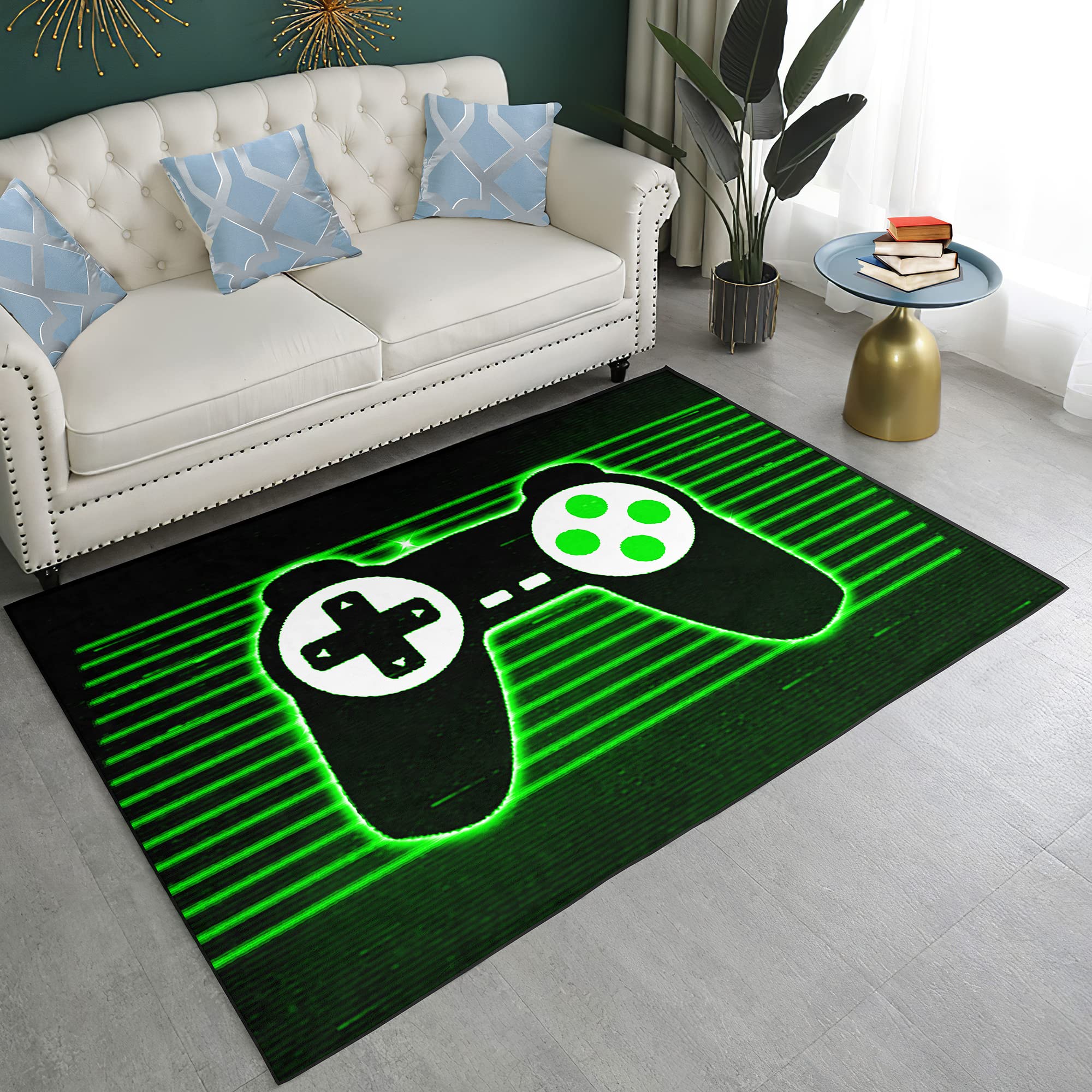 70x55 Inches Large Soft Area Rug for Dining Room, Living Room, Bedroom & Gaming - Machine Washable Green Laser Line Carpet Decor | Perfect for Home Decor, Play Mats & Floor Protection