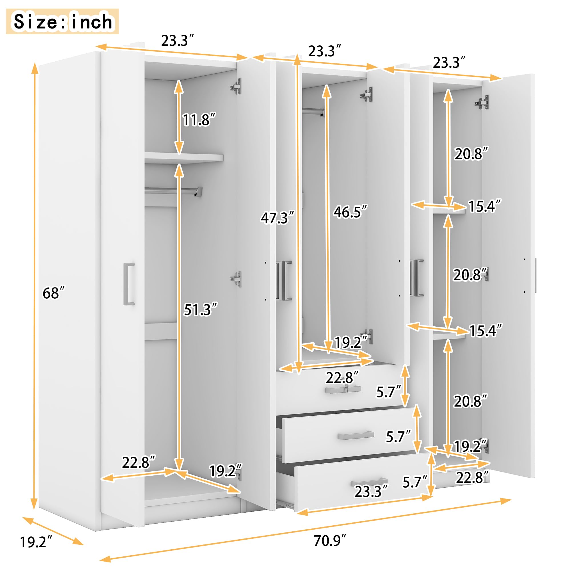 Large 6-Door Wooden Wardrobe Closet - 70.9