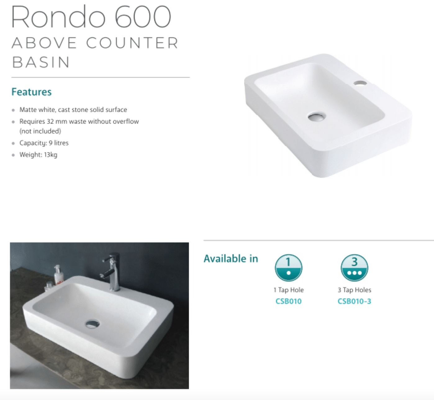 Fienza CSB010 Rondo 600mm Cast Stone Above Counter Bathroom Sink with Single Tap Hole, Matte White - Perfect for Modern Vanities and Powder Rooms