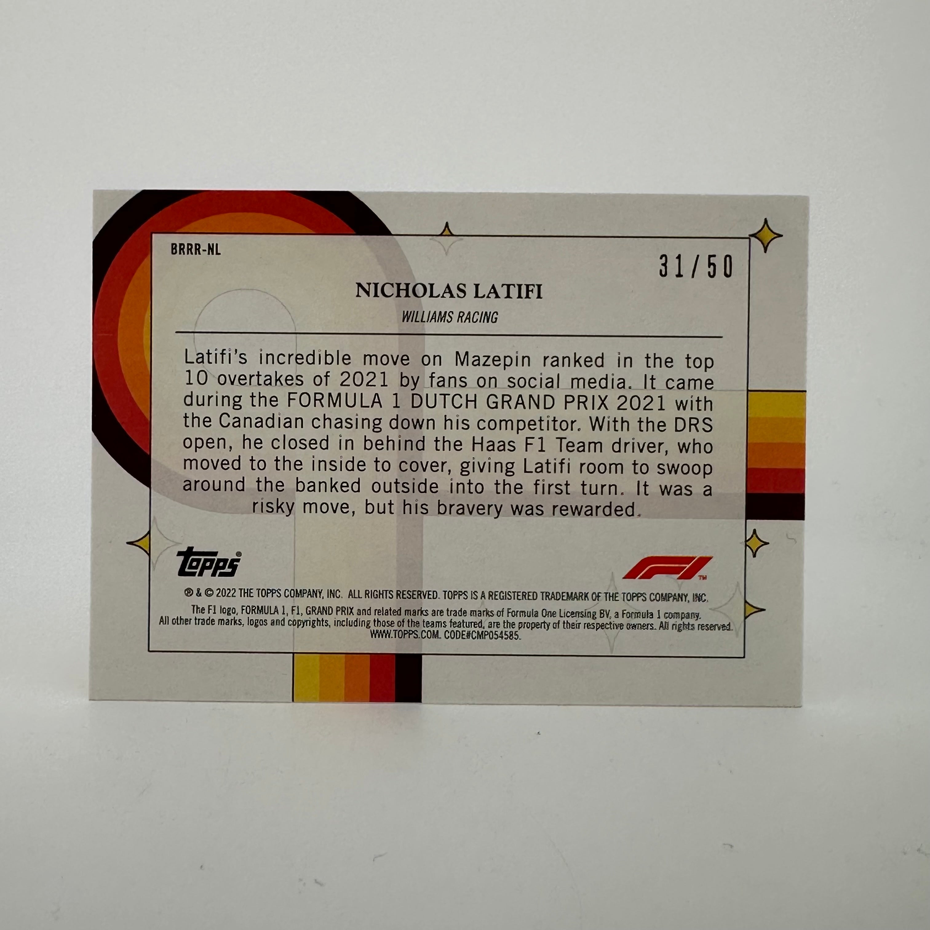 2022 Topps Formula 1 Nicholas Latifi #31/50 Gold Parallel Card - Bounce Rock Race Roll - F1 Racing Collectible for Fans & Card Investors