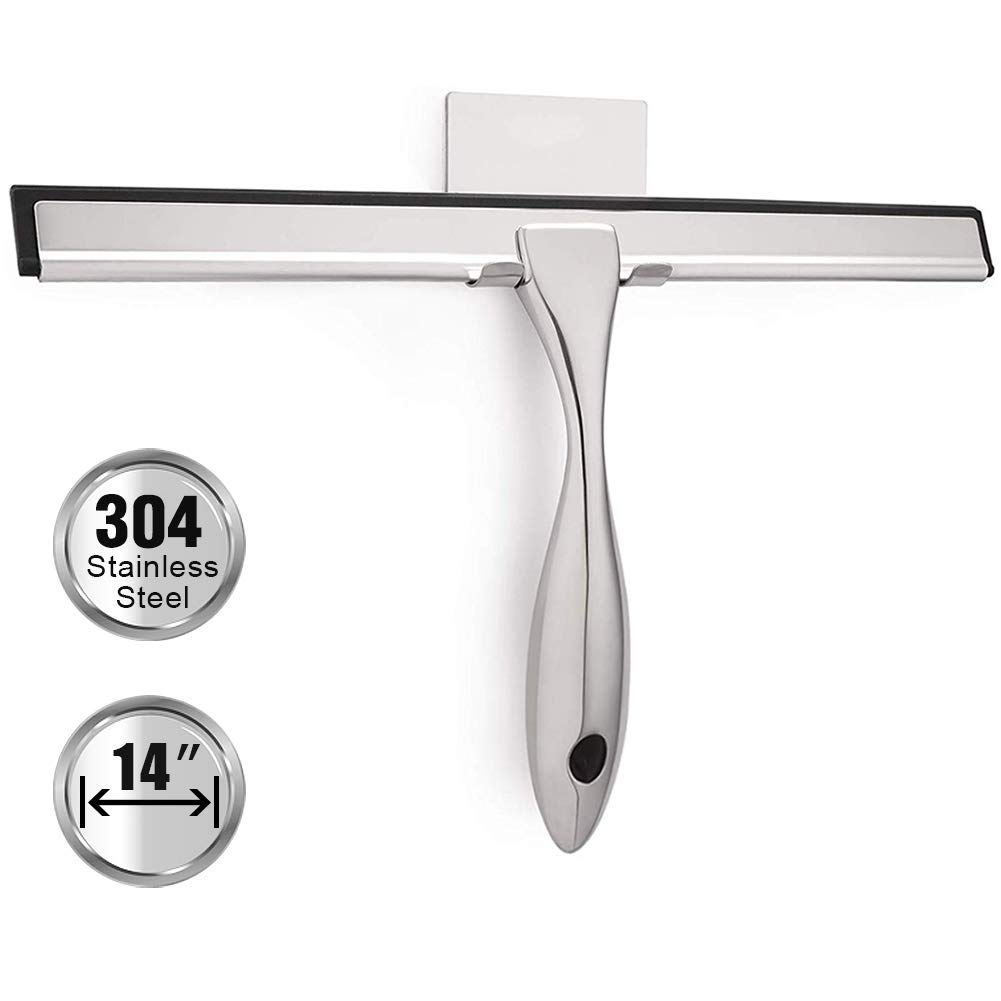 14 Inch Stainless Steel Shower Squeegee with Hook & 6.8 Inch Handle - Multi-Purpose Cleaner for Shower Doors, Mirrors, Car Windows & Bathroom Glass - Perfect for Quick Cleaning & Streak-Free Shine