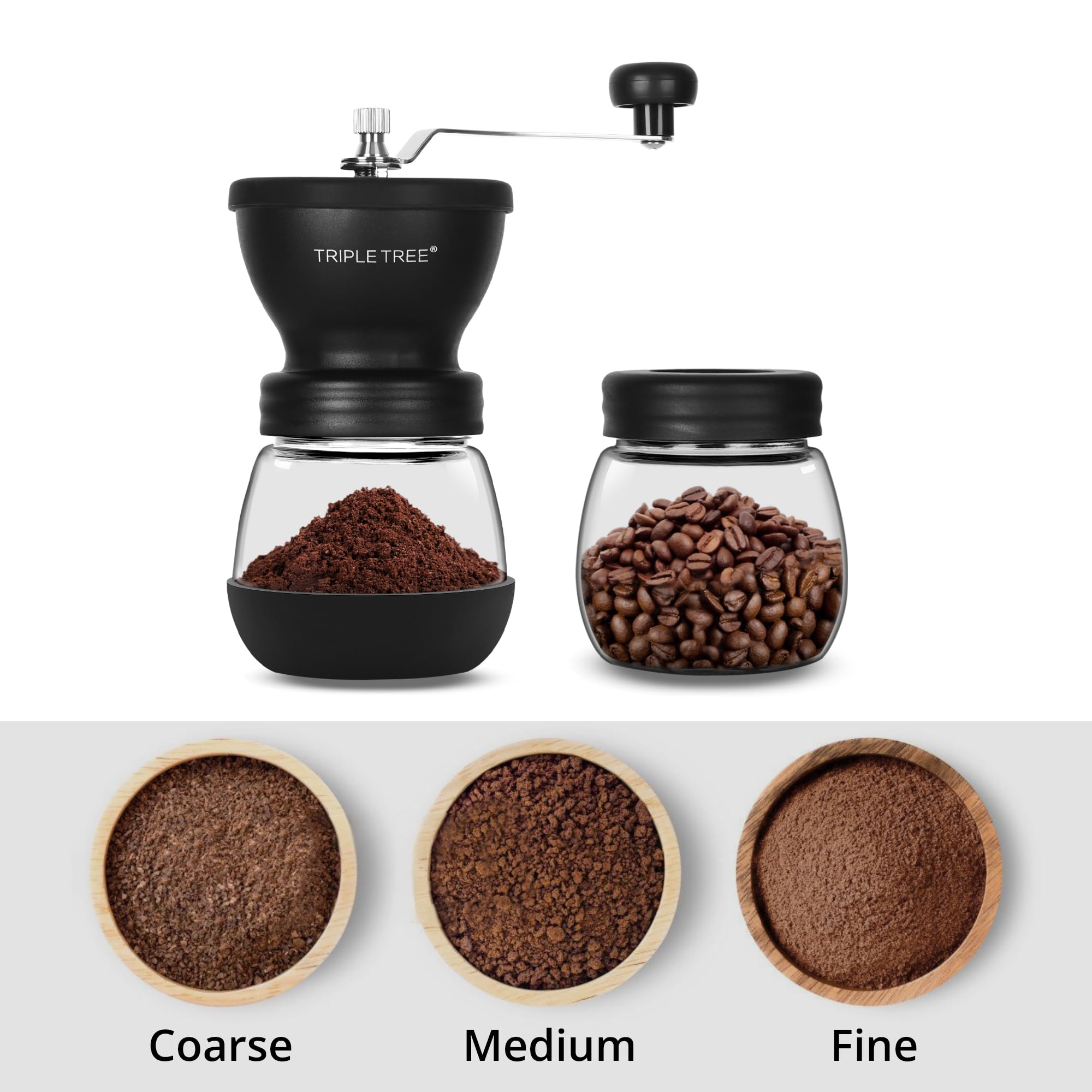 Premium Manual Coffee Grinder with Ceramic Burrs - Adjustable Coarse to Fine Settings, Extended Stainless Steel Handle & 2 Glass Jars (11oz Each) - Includes Brush & Tablespoon Scoop - Perfect for Home, Office, Camping & Travel - Durable Portable Coffee Bean Mill for Espresso, French Press & Pour Over Brewing