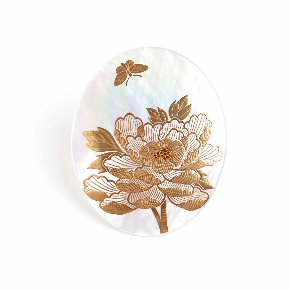 Exquisite Maki-e Urushi Lacquer Brooch with White South Sea Pearl Shell - Japanese Butterfly & Peony Design - Traditional Handcrafted Jewelry for Special Occasions & Gift Giving