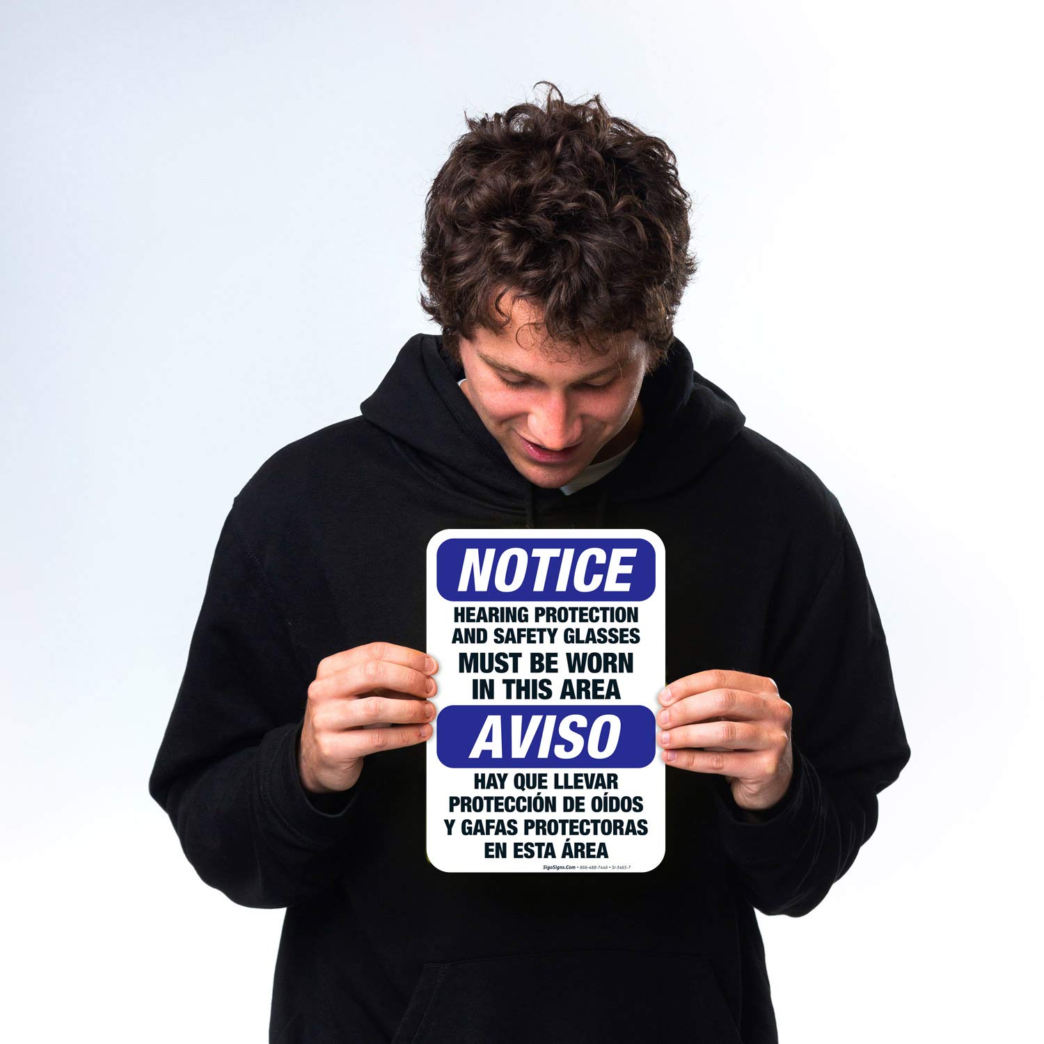 OSHA Compliant Bilingual Safety Sign - Hearing Protection & Safety Glasses Required in This Area | 10x7 Inch Durable 4 Mil Vinyl Decal | Weatherproof & UV Resistant | Made in USA | Ideal for Construction Sites, Factories & Work Zones