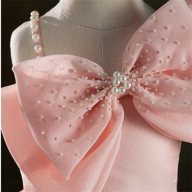 Elegant Baby Girls Pink Bow Pearl Strap Puffy Christening Dress - Toddler Beauty Pageant Gown for Special Occasions & Photo Shoots