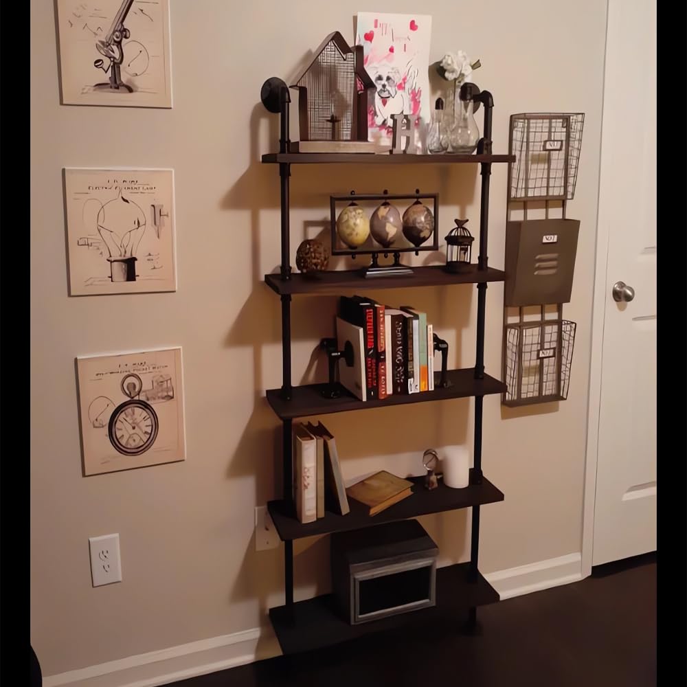 ZIOTHUM 5-Tier 67-Inch Industrial Pipe Shelving Unit - Heavy Duty Rustic Black Metal Shelves for Garage, Basement & Warehouse Storage (Perfect for Organizing Tools, Books & Home Decor)