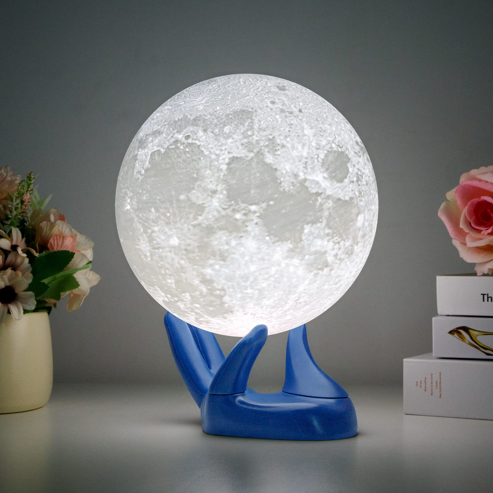 3D Printed Moon Lamp - 7.1 Inch 16 Color Changing Night Light with Remote/Touch Control & USB Rechargeable - Perfect for Bedroom Decor, Romantic Gifts, Birthday Presents for Kids, Boys, Husband & Men (Blue Hand Stand) - Ideal for Nursery Nightlight, Anniversary Surprise, Meditation Room Ambiance