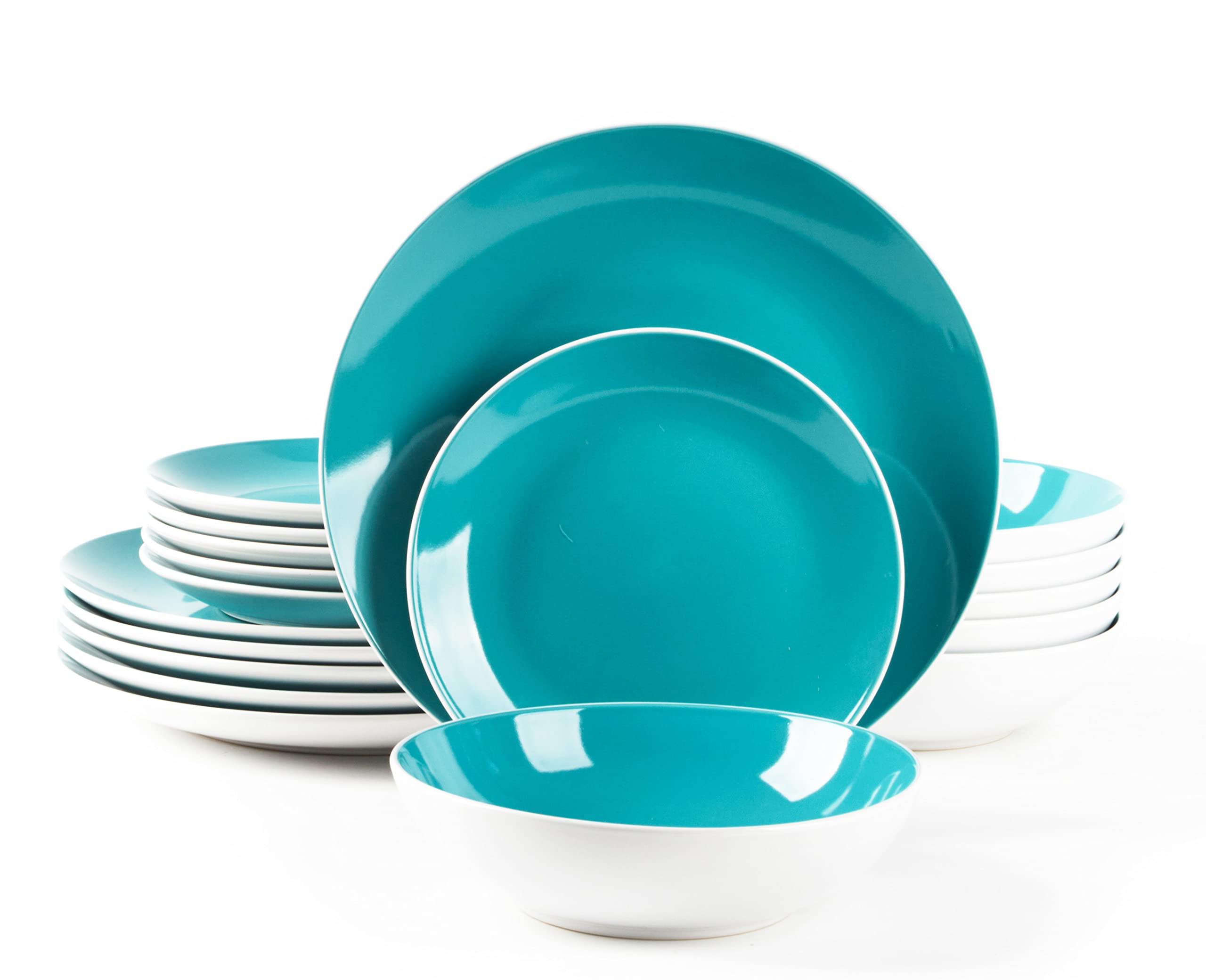 12-Piece Stoneware Dinnerware Set - White Exterior & Tiffany Blue Interior - Elegant Coupe Shape for Formal Dining, Entertaining & Everyday Use
