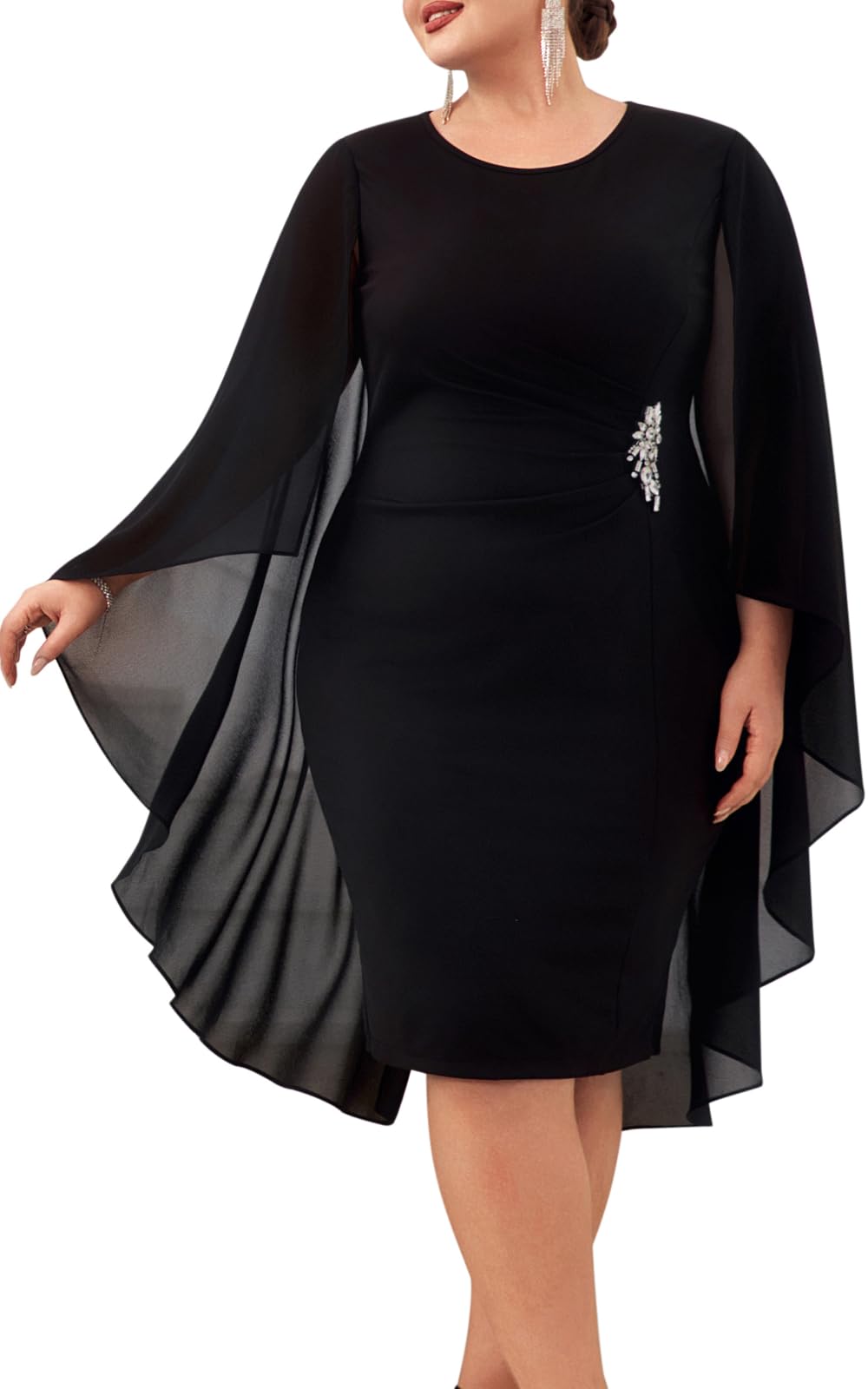 Hanna Nikole Women's Plus Size Chiffon Cape Dress - Crew Neck Ruched Bodycon Cocktail Pencil Dress for Wedding Guest, Party & Special Occasions