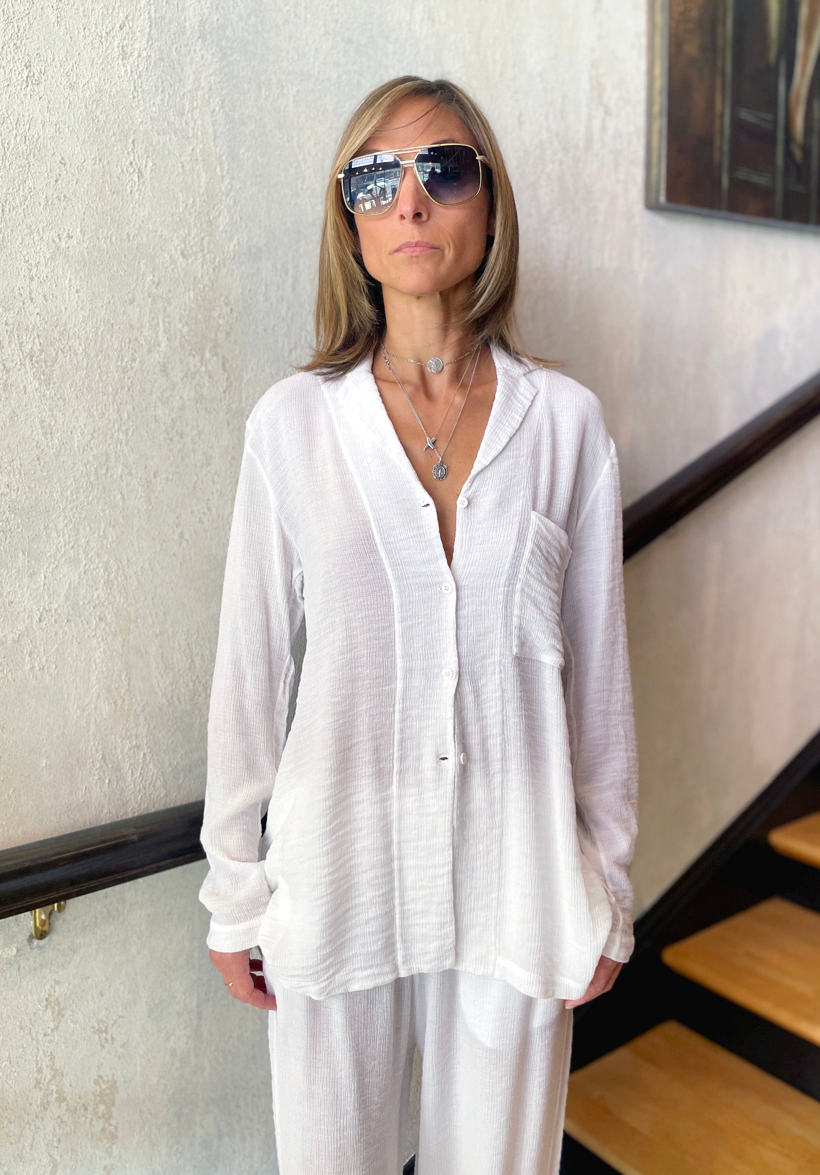 Stylish Embossed Viscose Shirt with Pocket - White | Comfortable Women's Blouse for Office, Casual Wear & Summer Outfits