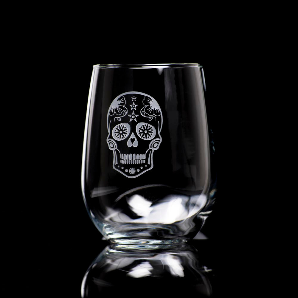 Sugar Skull Stemless Wine Tumbler Glass - 17oz Set of 4 | Mexican Day of The Dead Themed Drinkware for Margaritas, Cocktails & Wine Parties