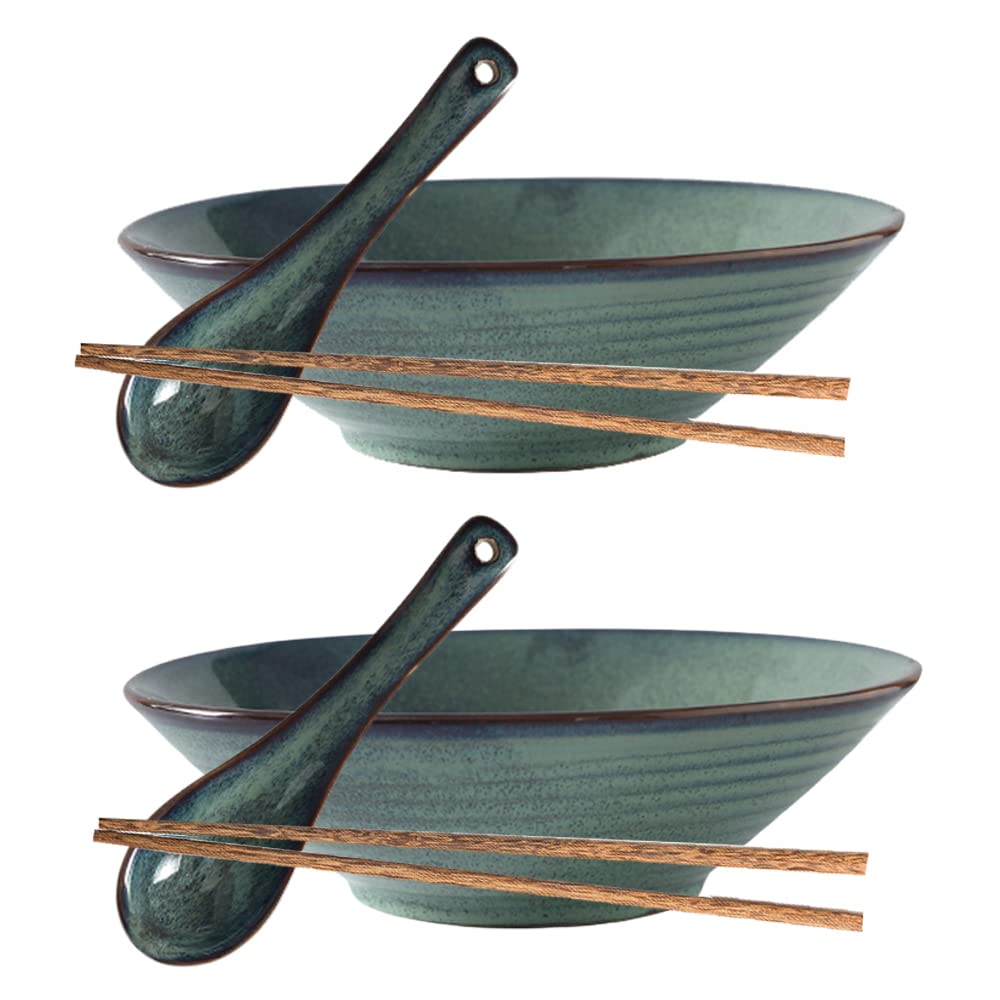 Premium Japanese Ramen Bowl Set - 2 Ceramic Noodle Bowls with Chopsticks & Spoon for Ramen, Pho, Udon & Soup - Stylish Asian Dinnerware for Home & Restaurant Use