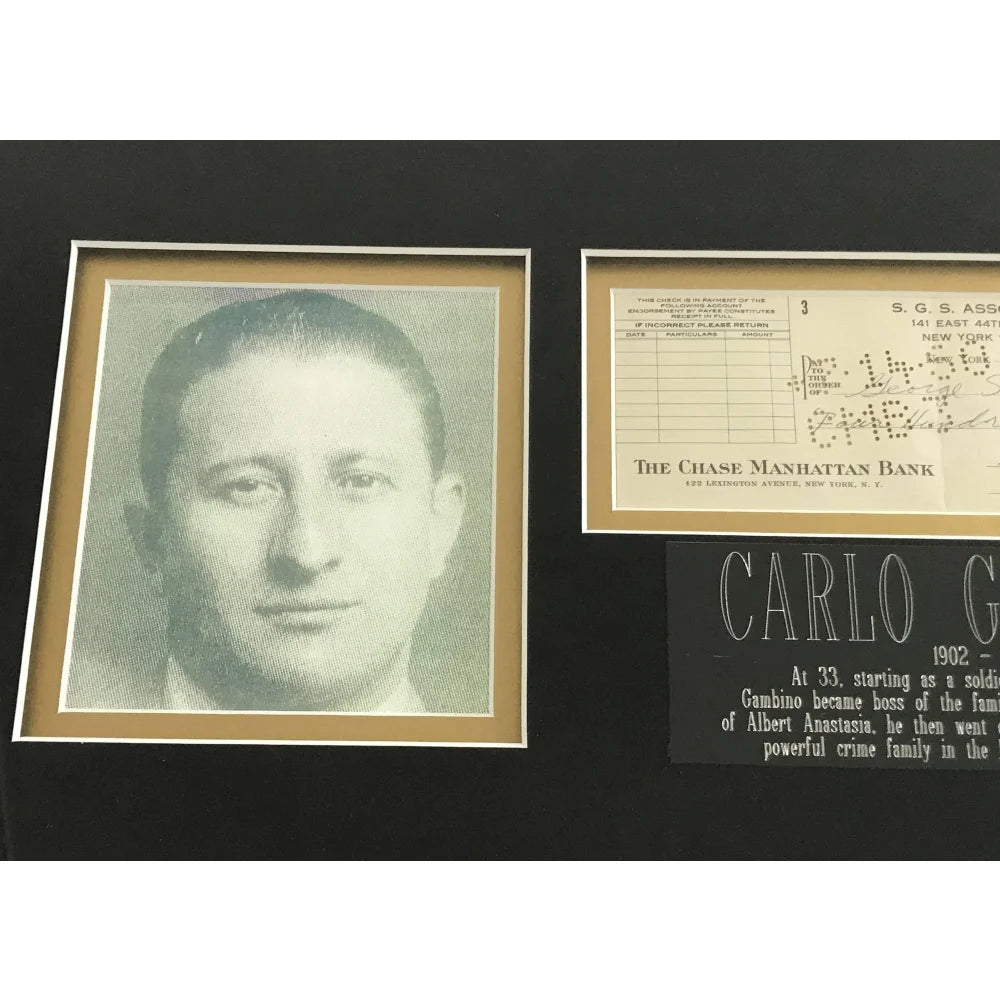 Authentic Carlo Gambino Signed Personal Check with JSA COA - Framed Mafia Crime Family Memorabilia - Perfect for Collectors, Mob History Enthusiasts & Unique Wall Decor
