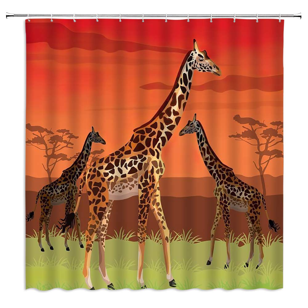 BCNEW Giraffe Shower Curtain - Cartoon African Sunset Savannah Animals Bathroom Decor Set, 70x70 Inch Polyester Fabric with Hook Holes | Perfect for Kids' Bathrooms, Jungle-Themed Decor & Safari Nursery