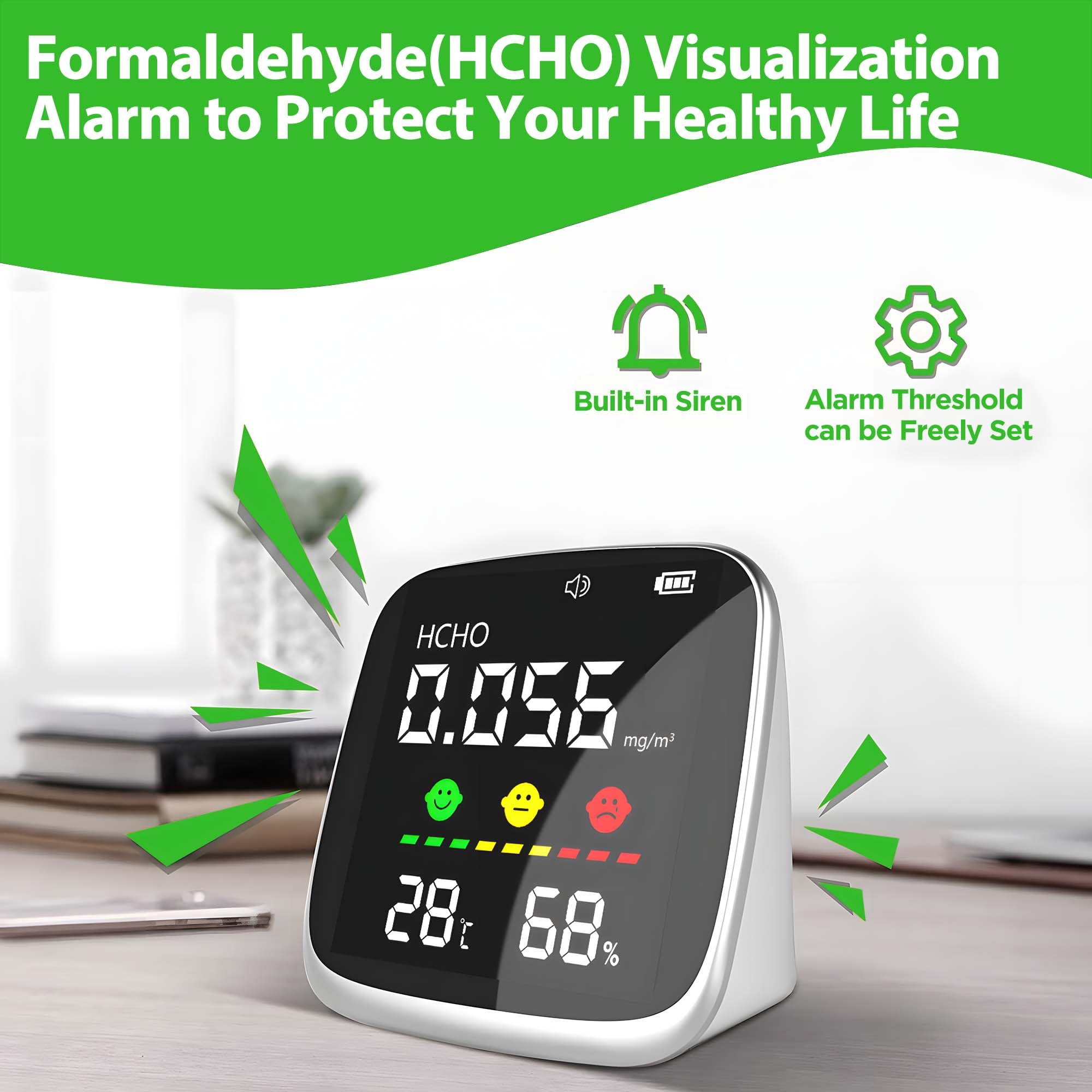 4-in-1 Professional Indoor Air Quality Monitor - Portable HCHO, Temperature & Humidity Tester for Home, Office & Confined Spaces | White Air Quality Detector for Health & Safety Monitoring