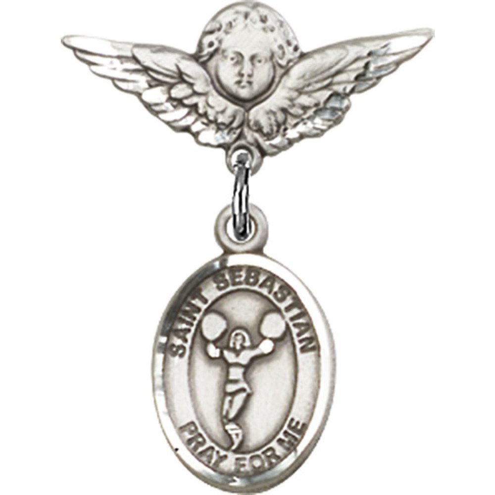 Sterling Silver Baby Badge with St. Sebastian & Cheerleading Charm - Angel Wing Pin (7/8