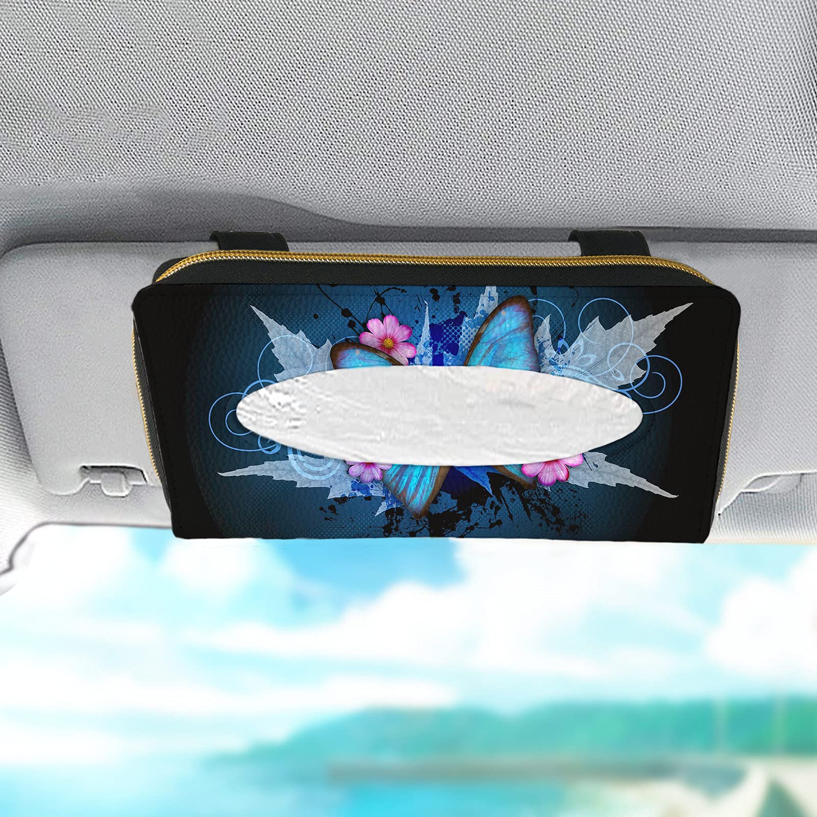 Nandiska Blue Butterfly Printed Car Tissue Holder - Sun Visor Napkin Organizer & Hanging Paper Towel Clip - Leather Backseat Tissue Box Case - Perfect Car Accessories for Women (Ideal for Road Trips, Daily Commute & Family Travel)