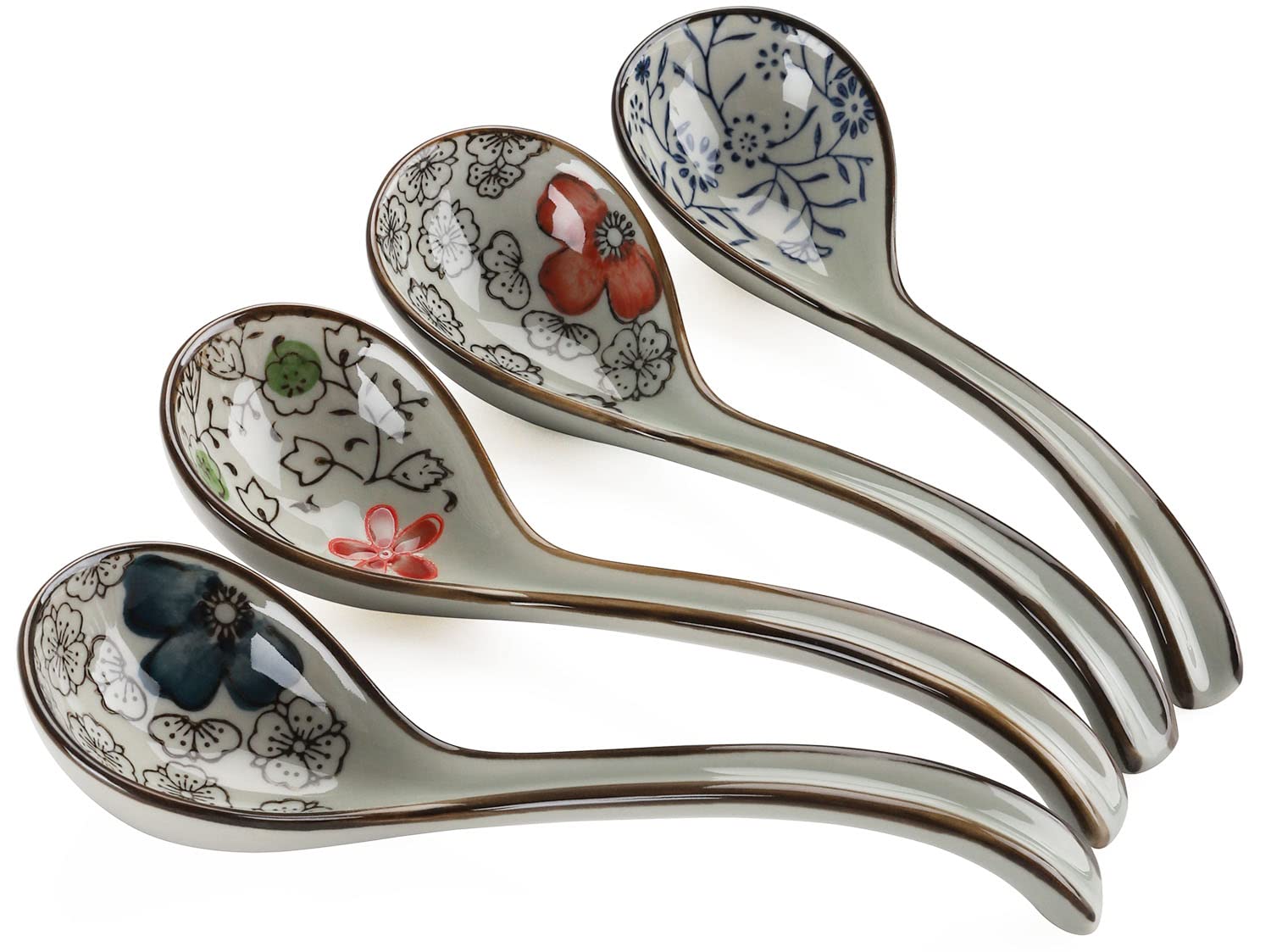Premium Japanese Ceramic Soup Spoons Set of 4 - Long Handle Porcelain Asian Soup Spoons for Pho, Ramen, Noodles, Wonton & Dumplings - Ideal for Asian Cuisine, Restaurants & Home Dining (Model 2)