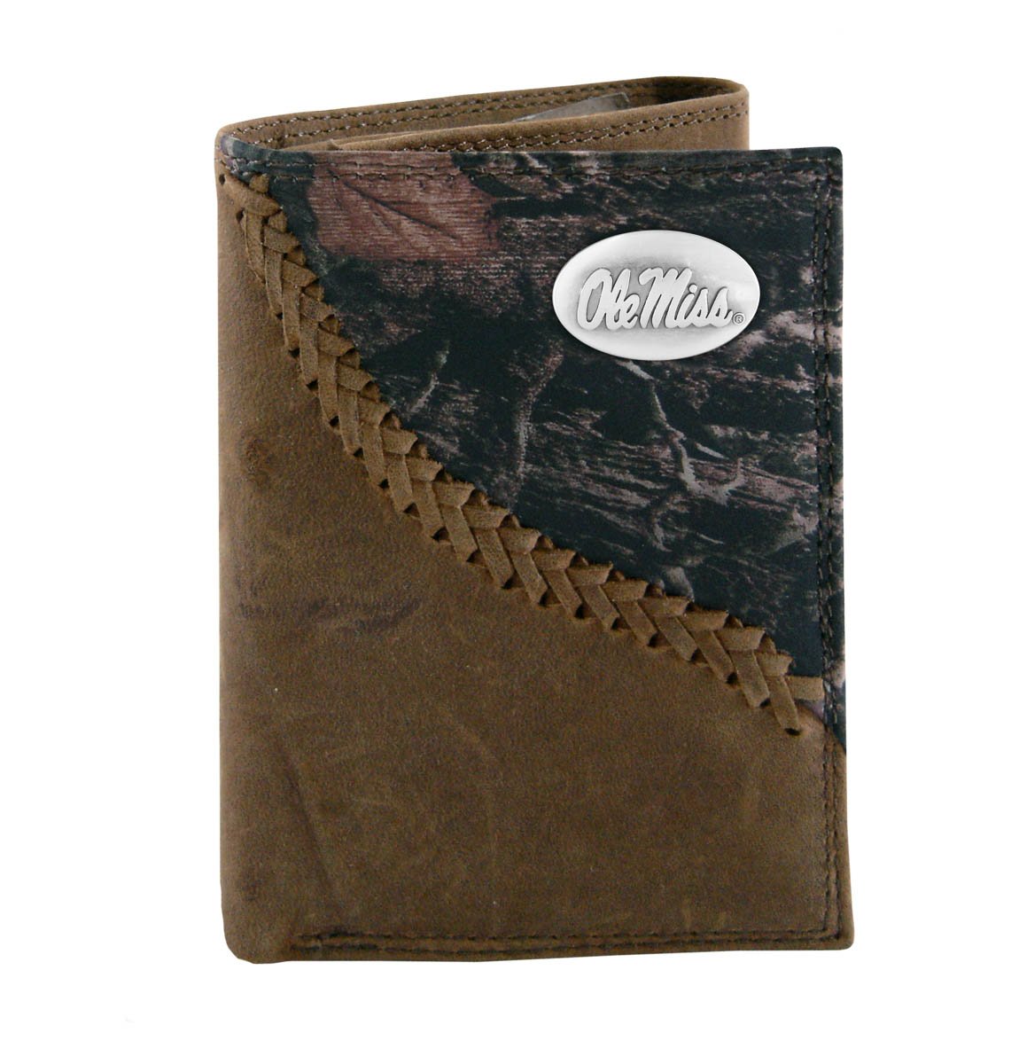 NCAA Mississippi Ole Miss Rebels Zep-Pro Trifold Concho Wallet - Camouflage Design for Men | Durable RFID Blocking Leather Wallet for College Football Fans & Alumni | Perfect Game Day Gift & Everyday Carry
