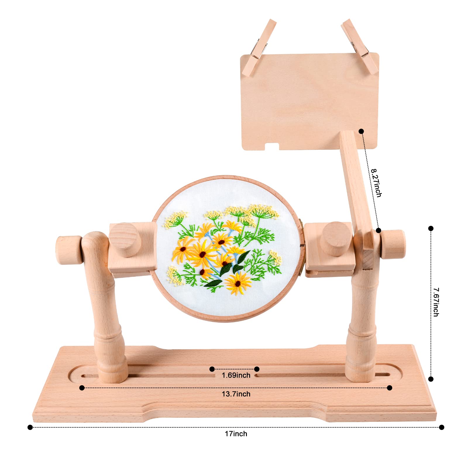 Rotating Embroidery Hoop Stand - Beech Wood Cross Stitch Lap Stand with Instruction Board for Needlework | 2-Person Embroidery Holder for Home Crafting & DIY Projects