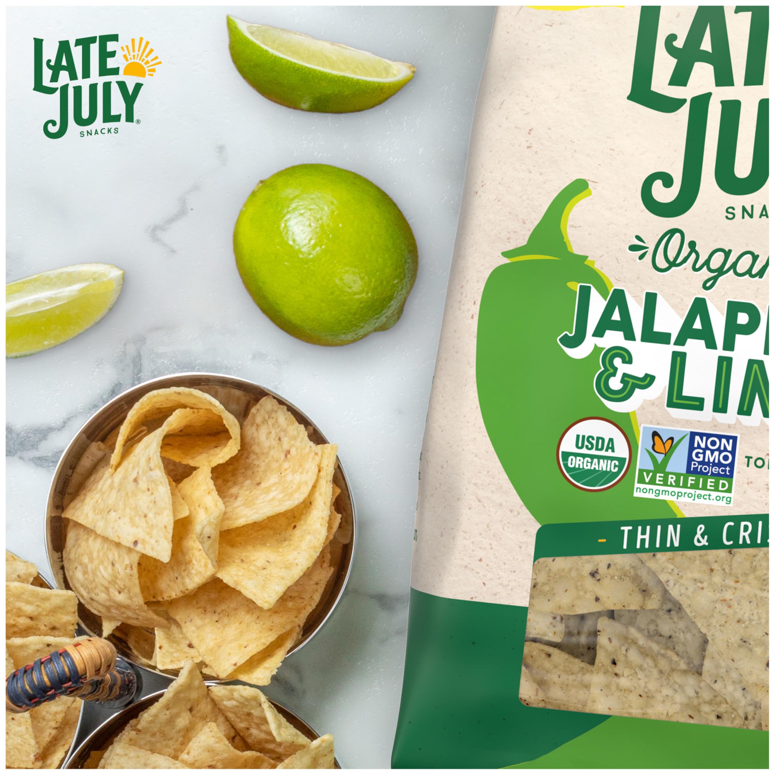 Organic Thin & Crispy Tortilla Chips - Jalapeño & Lime Flavor | Late July Snacks | 10.1 oz Bag | Gluten-Free, Non-GMO | Perfect for Parties, Snacking & Mexican Cuisine