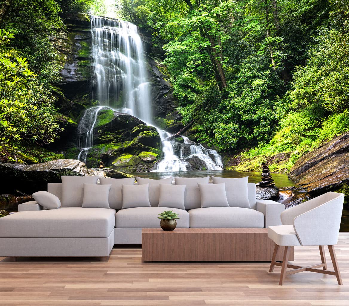 195''x120'' Cascading Waterfalls in Forest Wall Mural - Large Non-Adhesive Wallpaper for Bedroom, Living Room & Kids Room Decor | Perfect for Nature-Themed Home Interiors & Relaxing Spaces